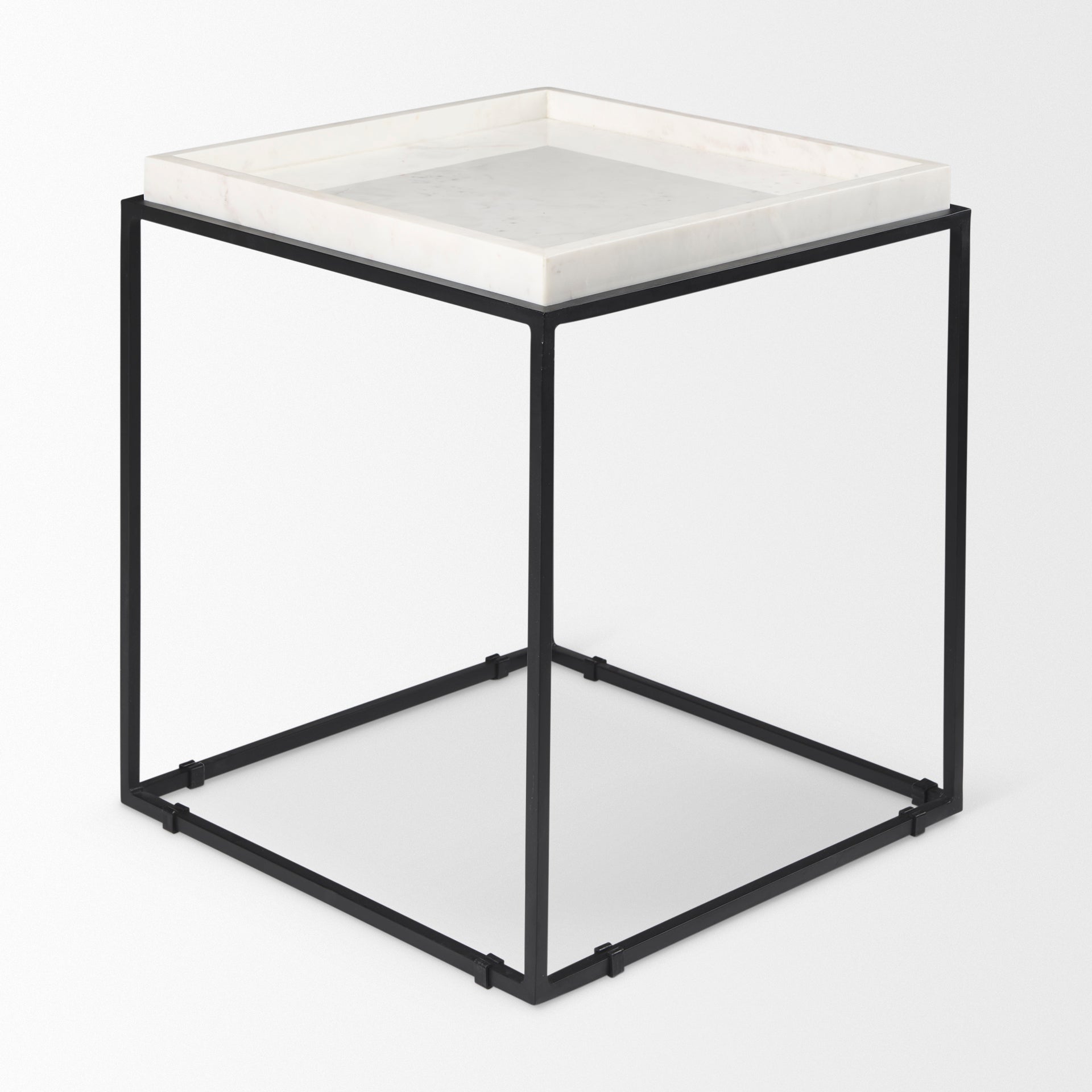 Nathan II Square Top White Marble and Black Metal End/Side Table