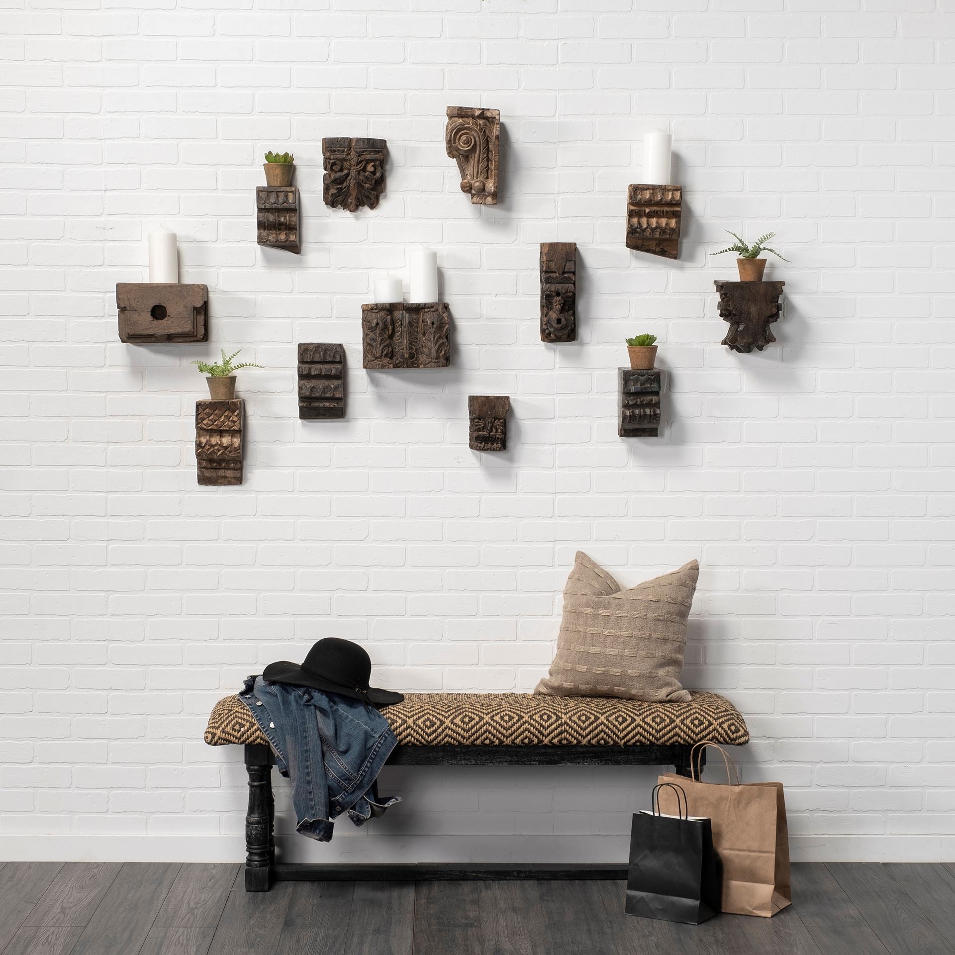 Denison Black Beige Woven Cushion Top with Black Wood Base Accent Bench