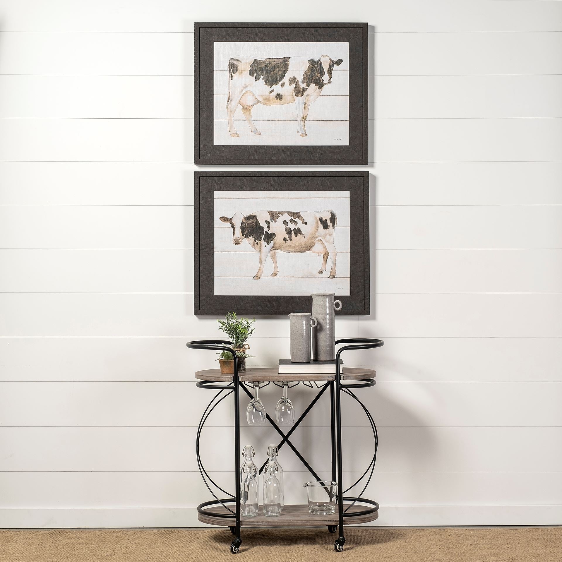 Marlon Black Metal Frame Two Tier Shelves with Stemware holder Bar Cart