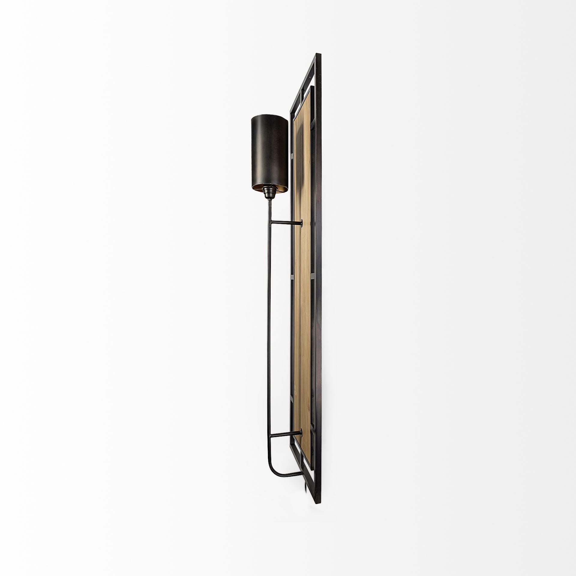 Cleo Black Metal and Wood Rectangular Wall Sconce