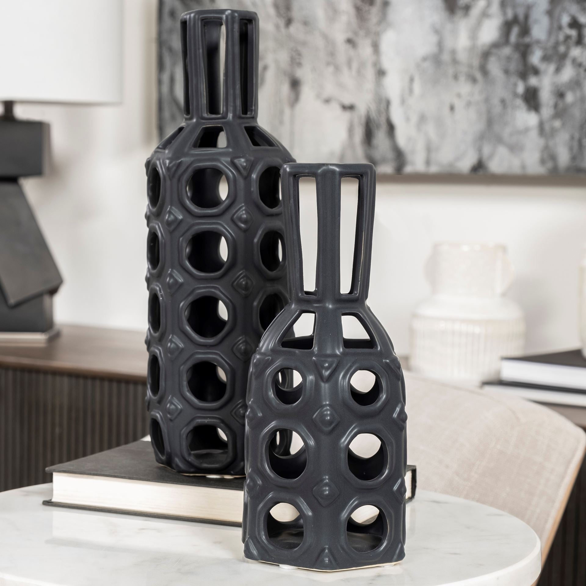 Brunel Black Drum-Shaped Ceramic Vase