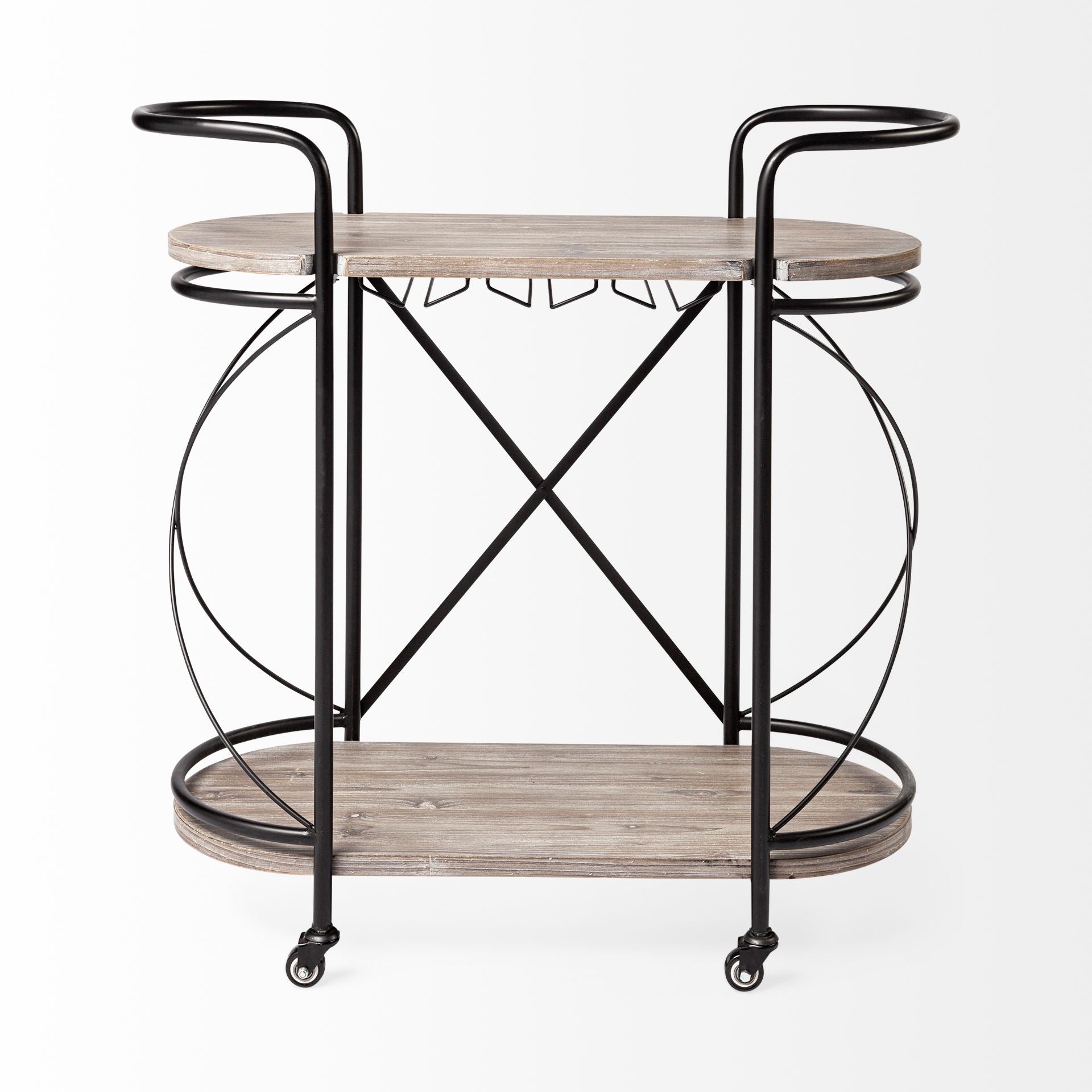 Marlon Black Metal Frame Two Tier Shelves with Stemware holder Bar Cart