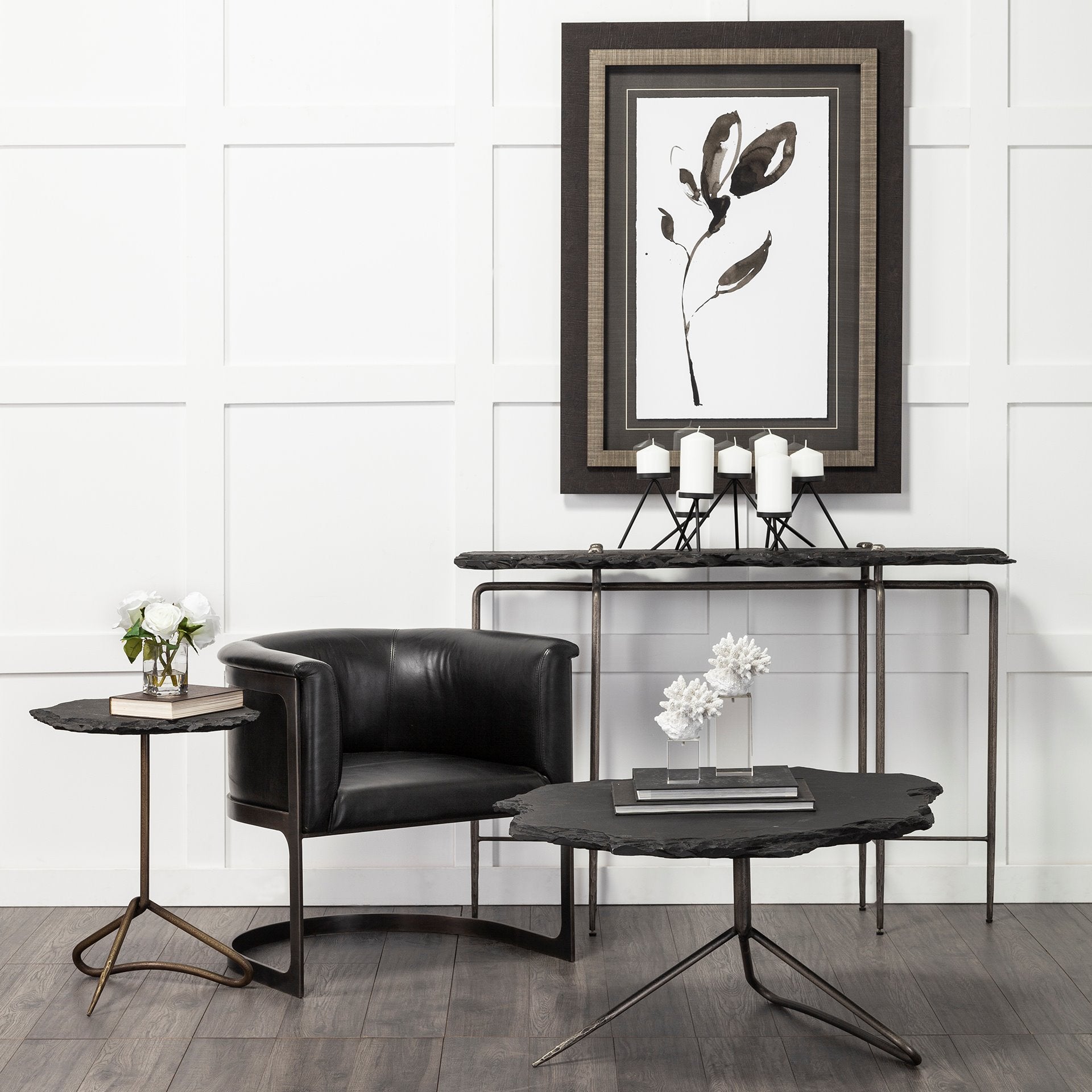 Pinera III Black Slate with Iron Base Console Table
