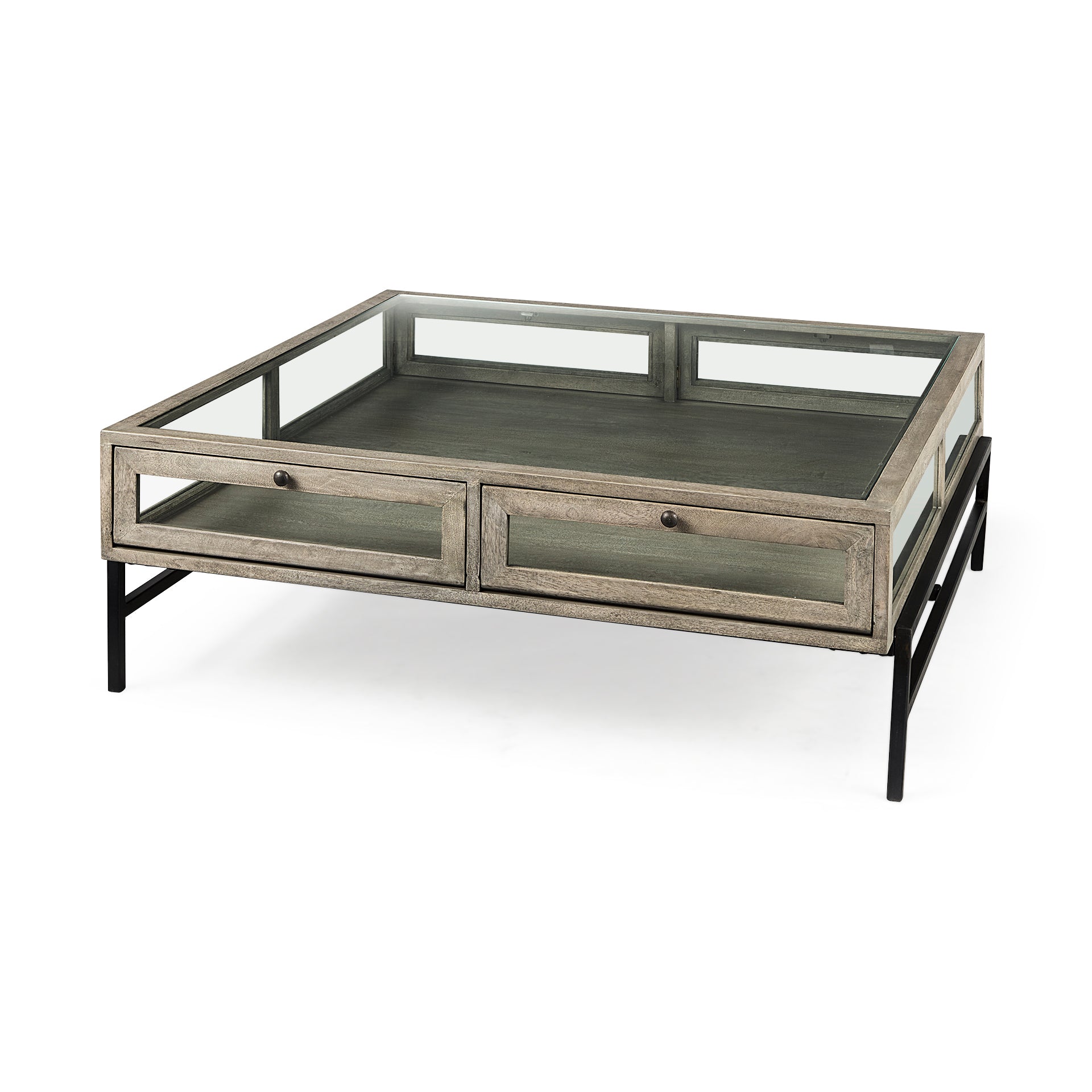 Arelius 42" Square Glass-Top with Metal Base Display Coffee Table