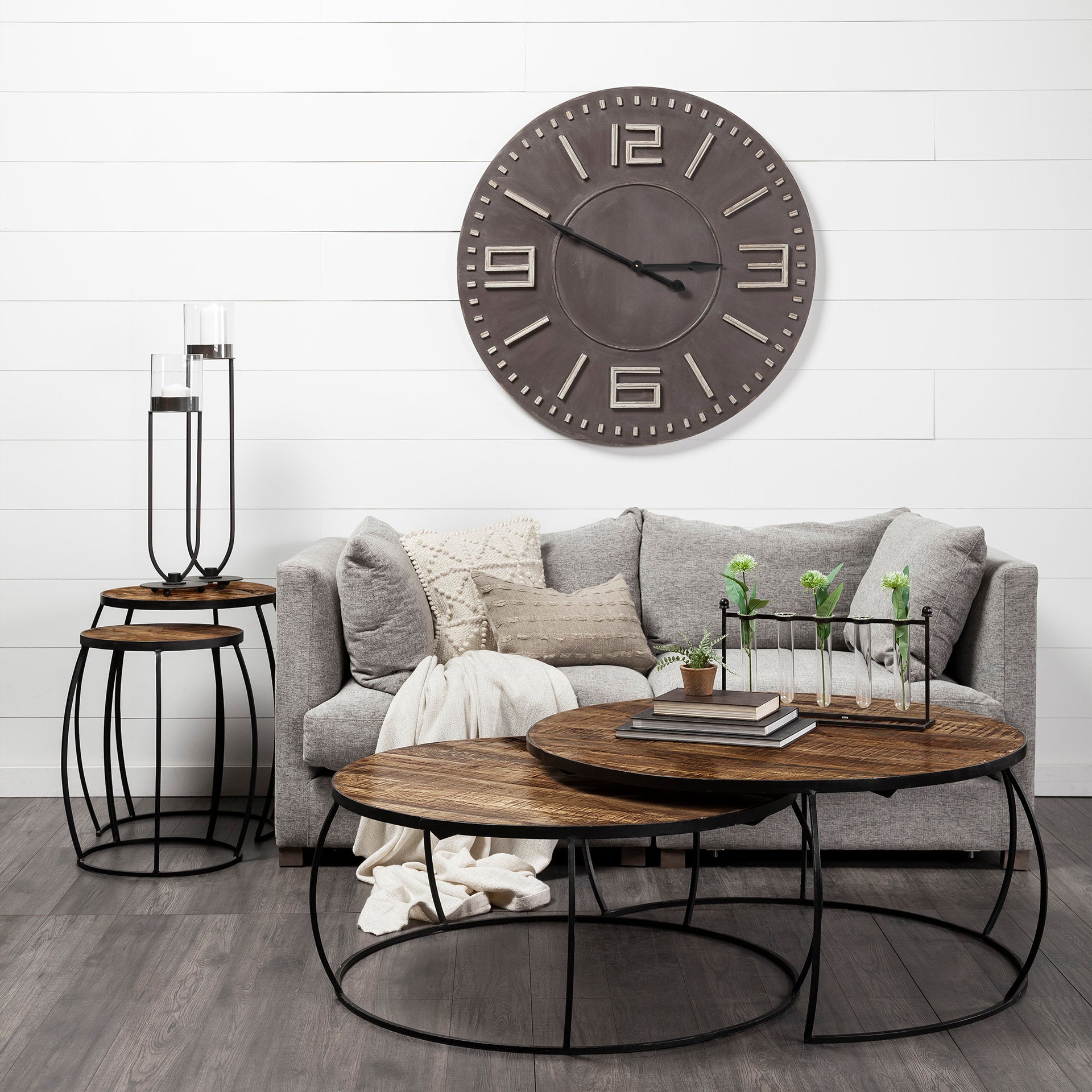 Clapp I Round Brown Wood Top Black Iron Base Nesting Coffee Tables - Set of 2