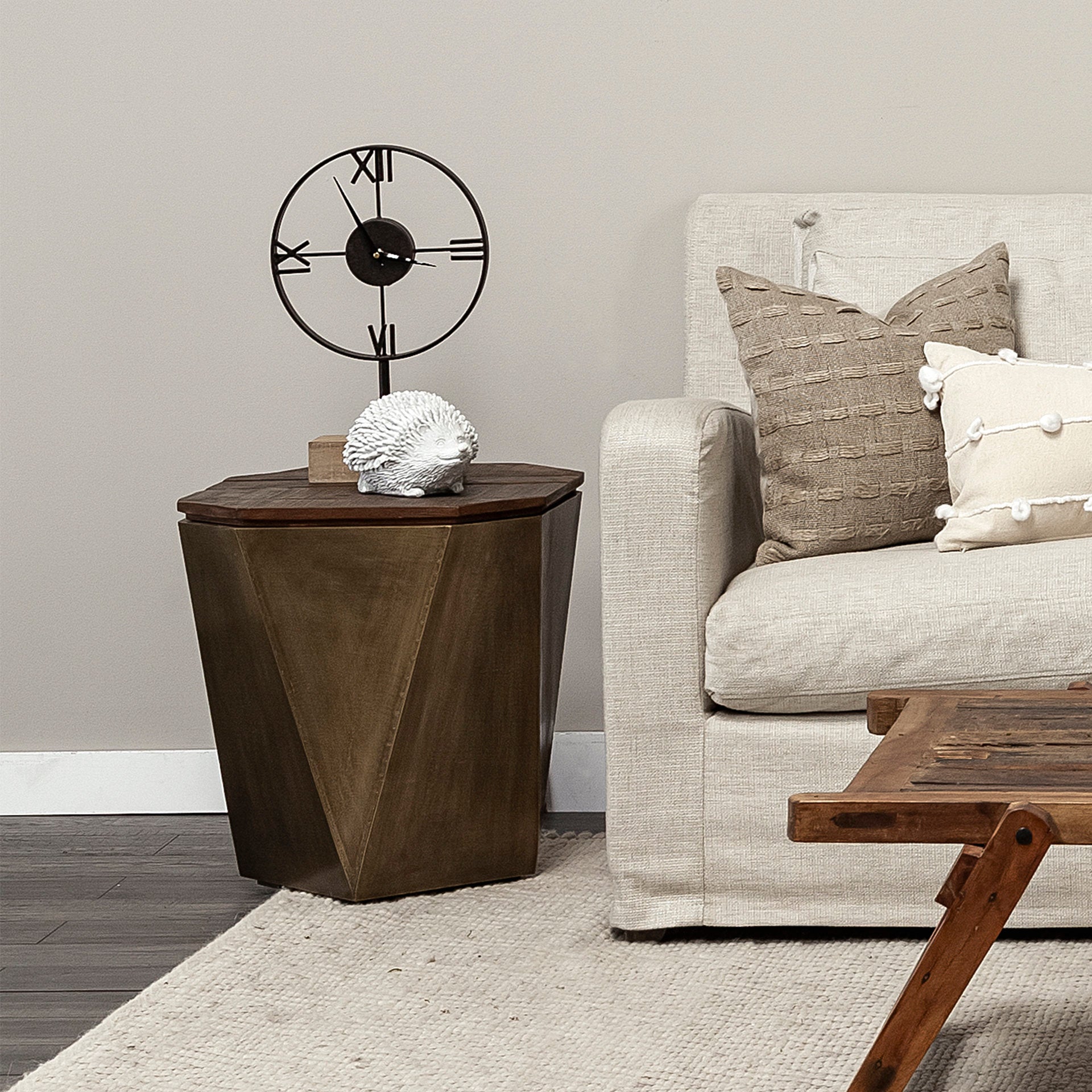 Esagono Octagonal Metal-Clad Reclaimed Wood End/Side Table with Storage