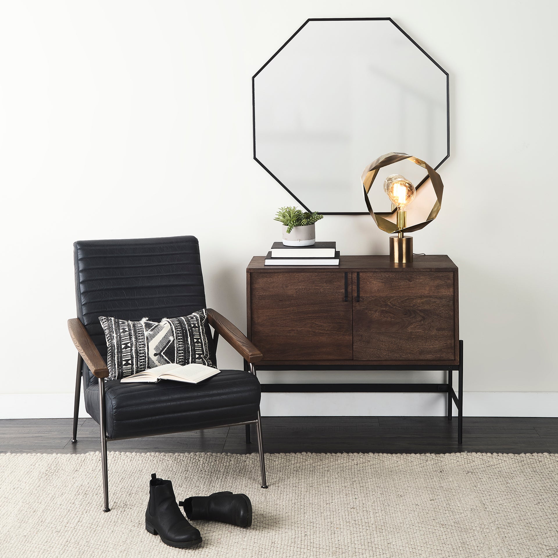 Grosjean Black Leather Wrap Metal Frame Accent Chair