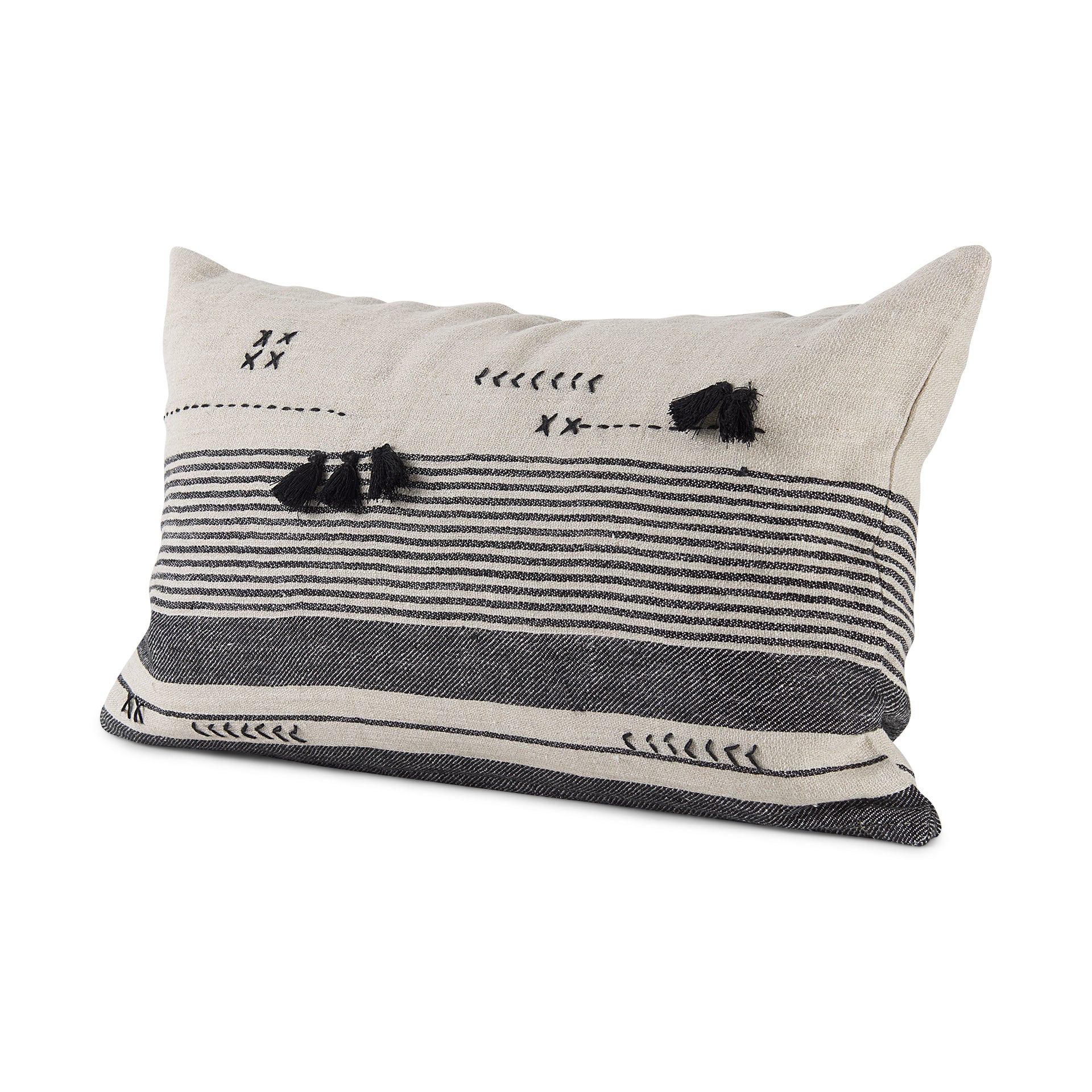 Thalia Black and Beige Fabric Striped and Fringed Decorative Pillow Cover