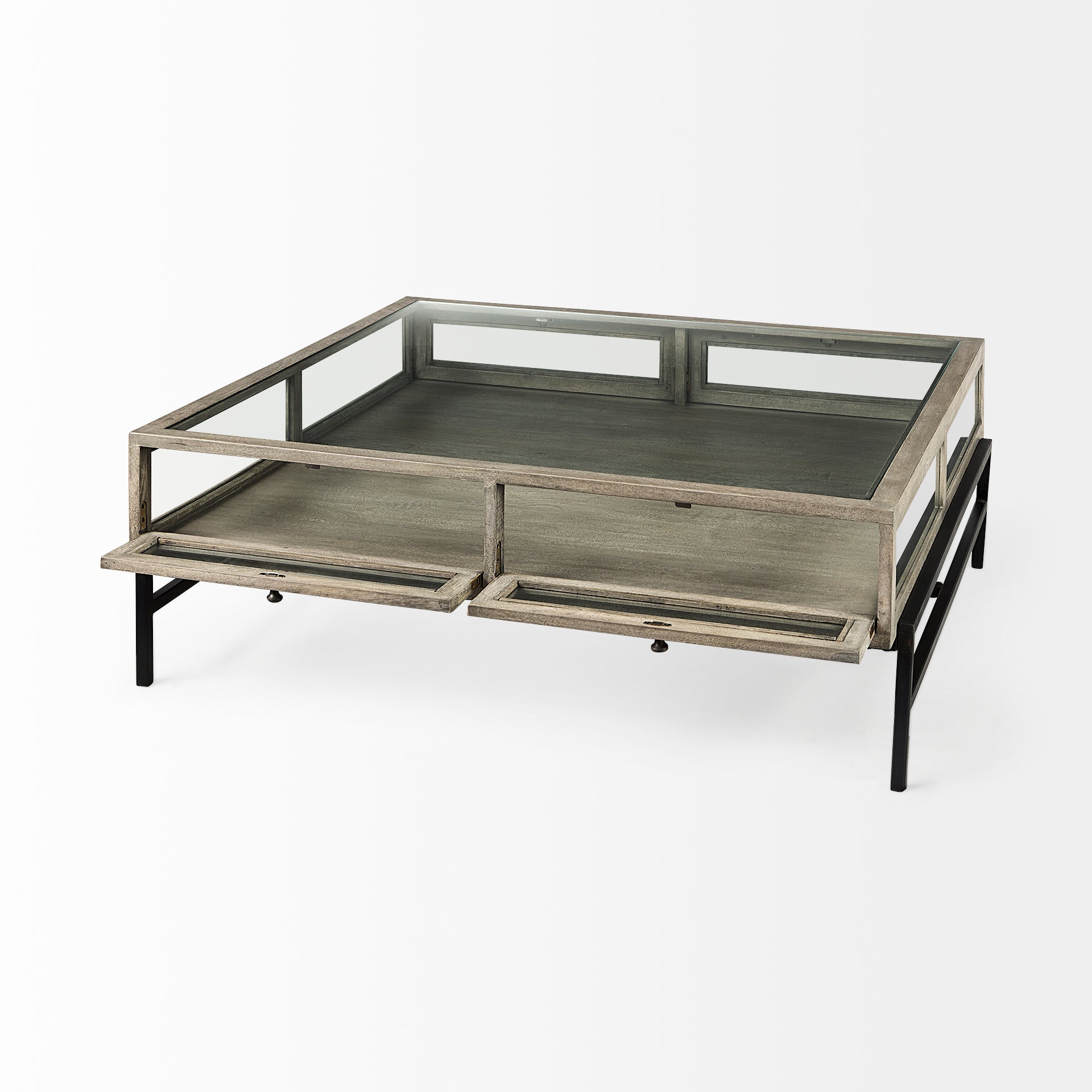 Arelius 42" Square Glass-Top with Metal Base Display Coffee Table