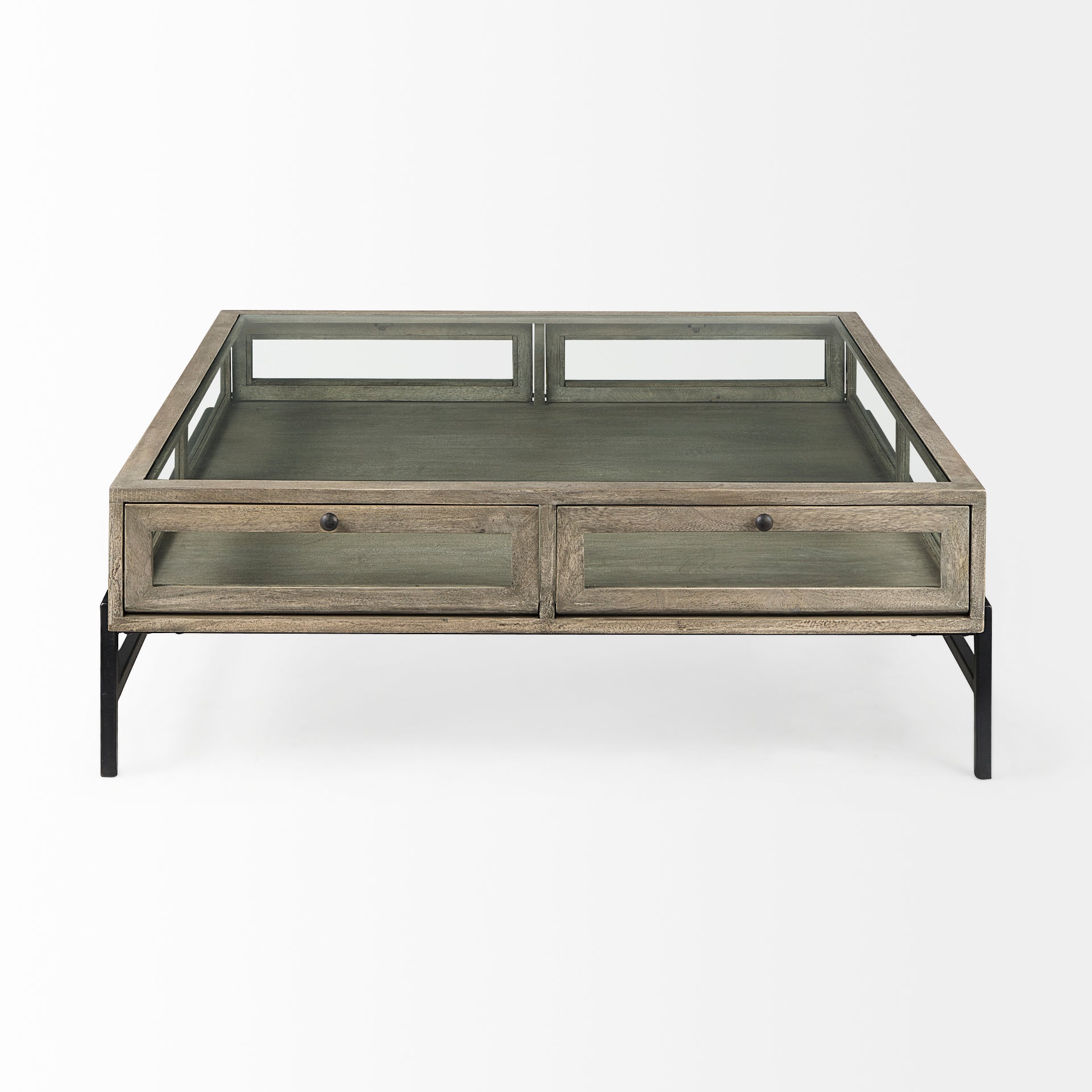 Arelius 42" Square Glass-Top with Metal Base Display Coffee Table