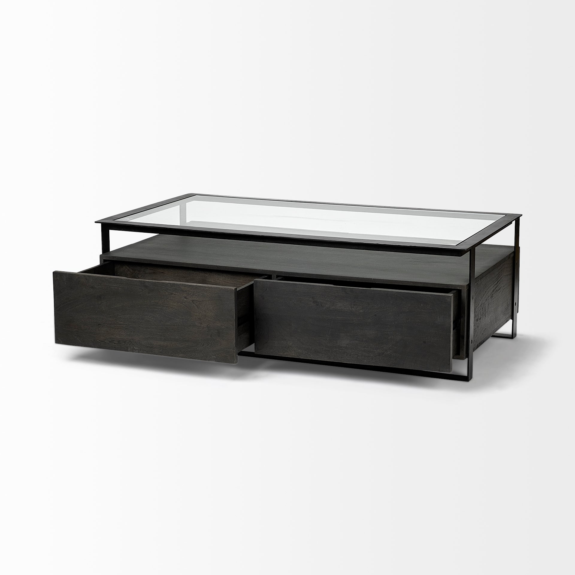 Vidro Rectangular Glass Top Black Solid Wood Drawers & Black Frame Coffee Table