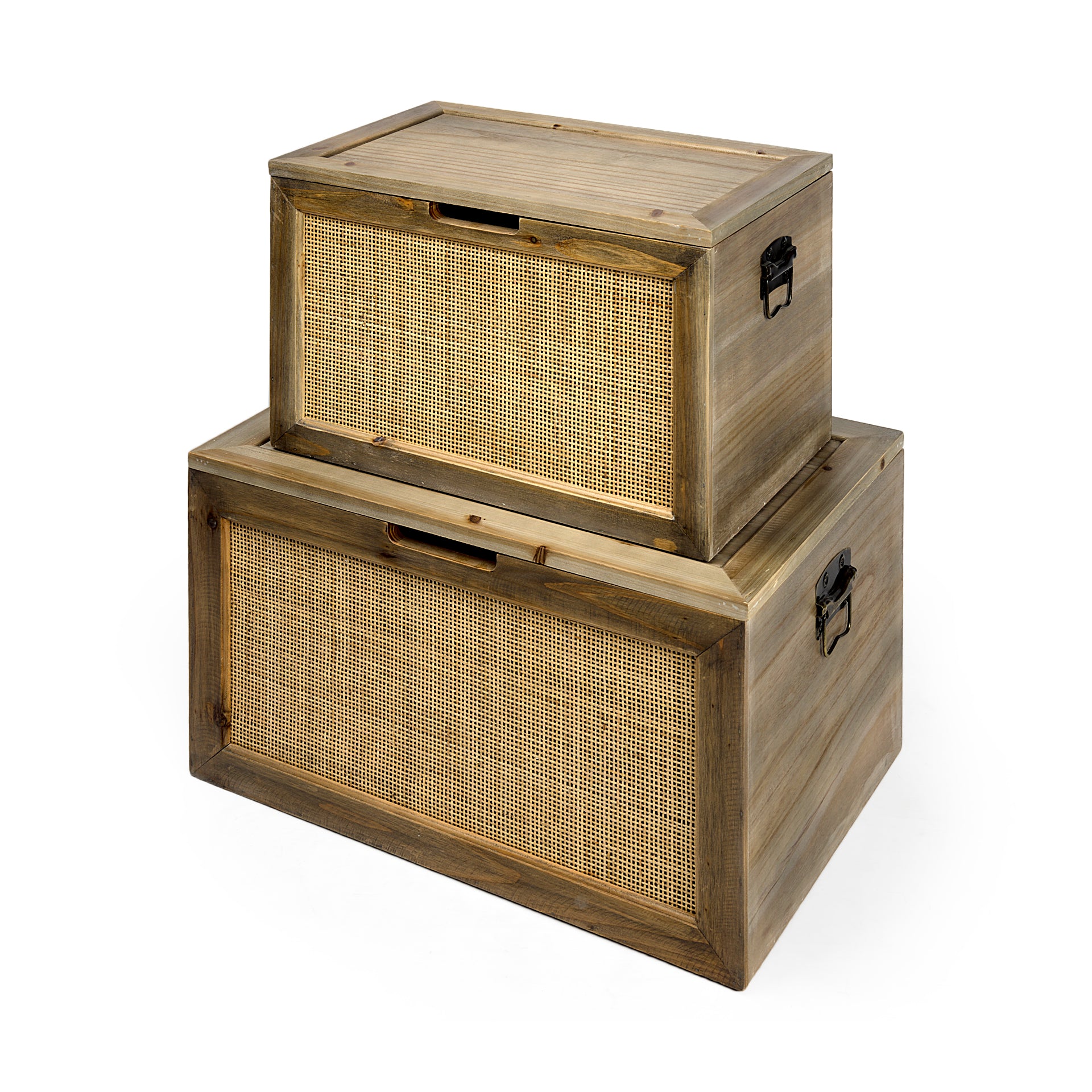 Sonny Brown Wood and Wicker with Metal Detail Rectangular Boxes - Set of Two
