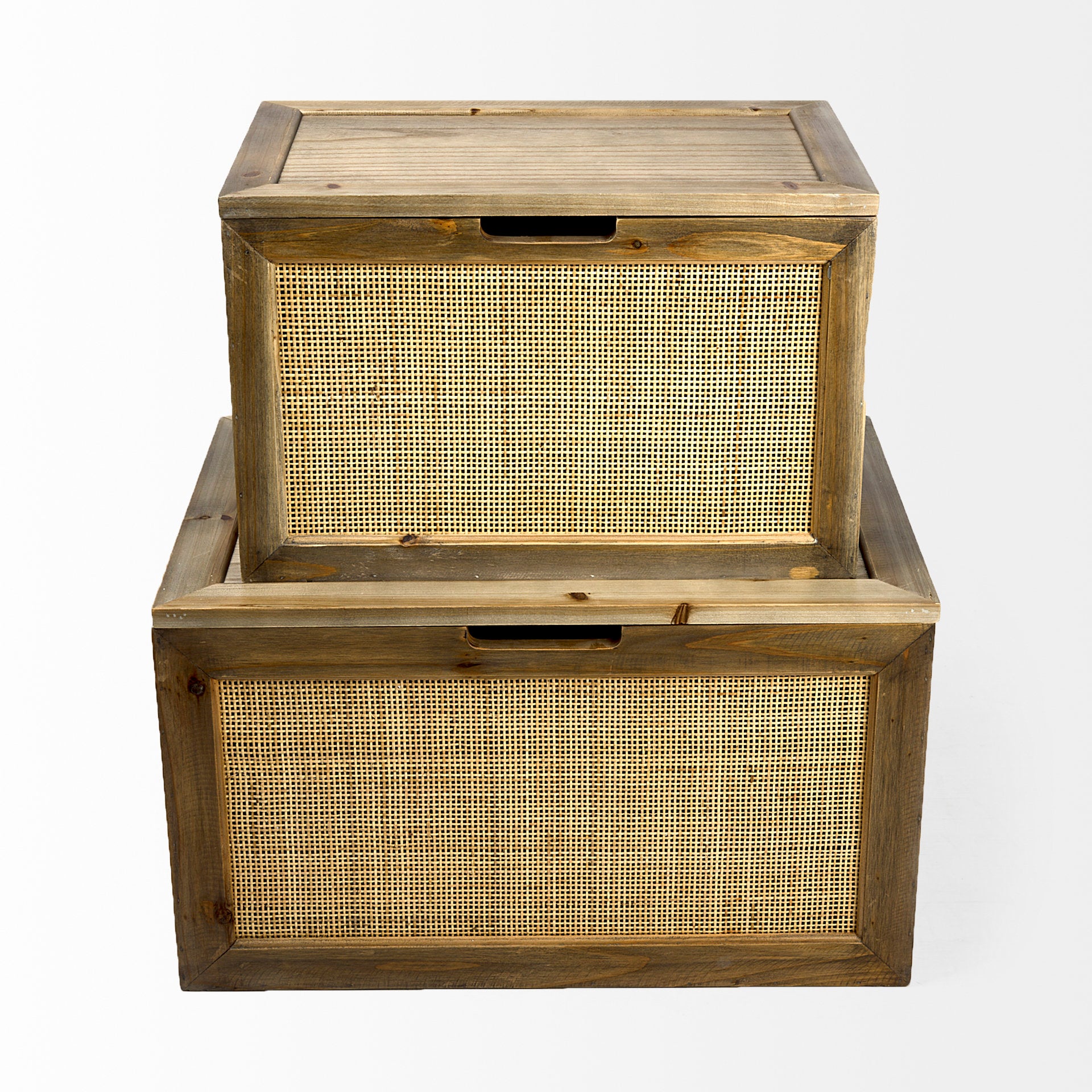 Sonny Brown Wood and Wicker with Metal Detail Rectangular Boxes - Set of Two