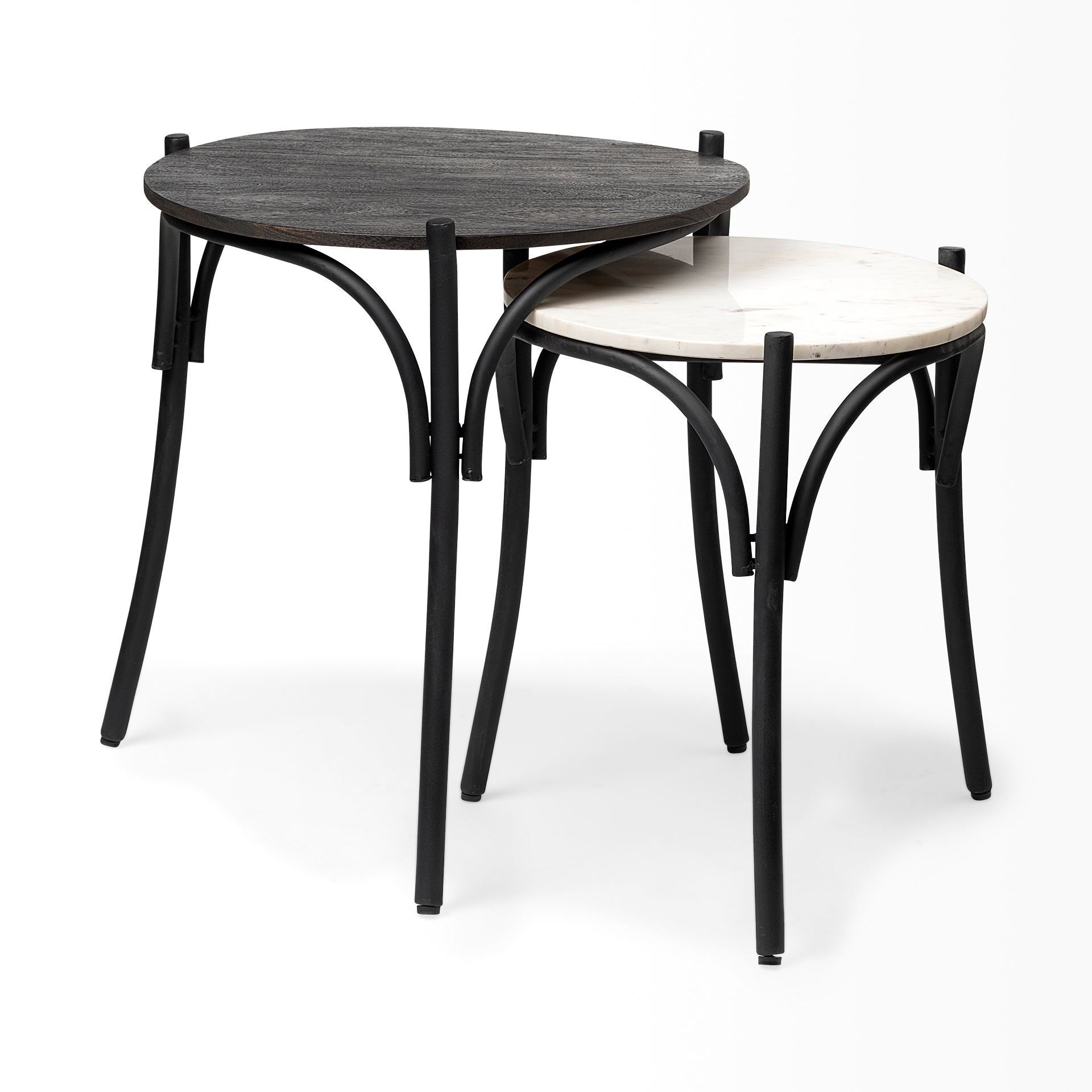 Etienne VII 24" Round Top Black Wood and Marble Top Nesting Table - Set of Two