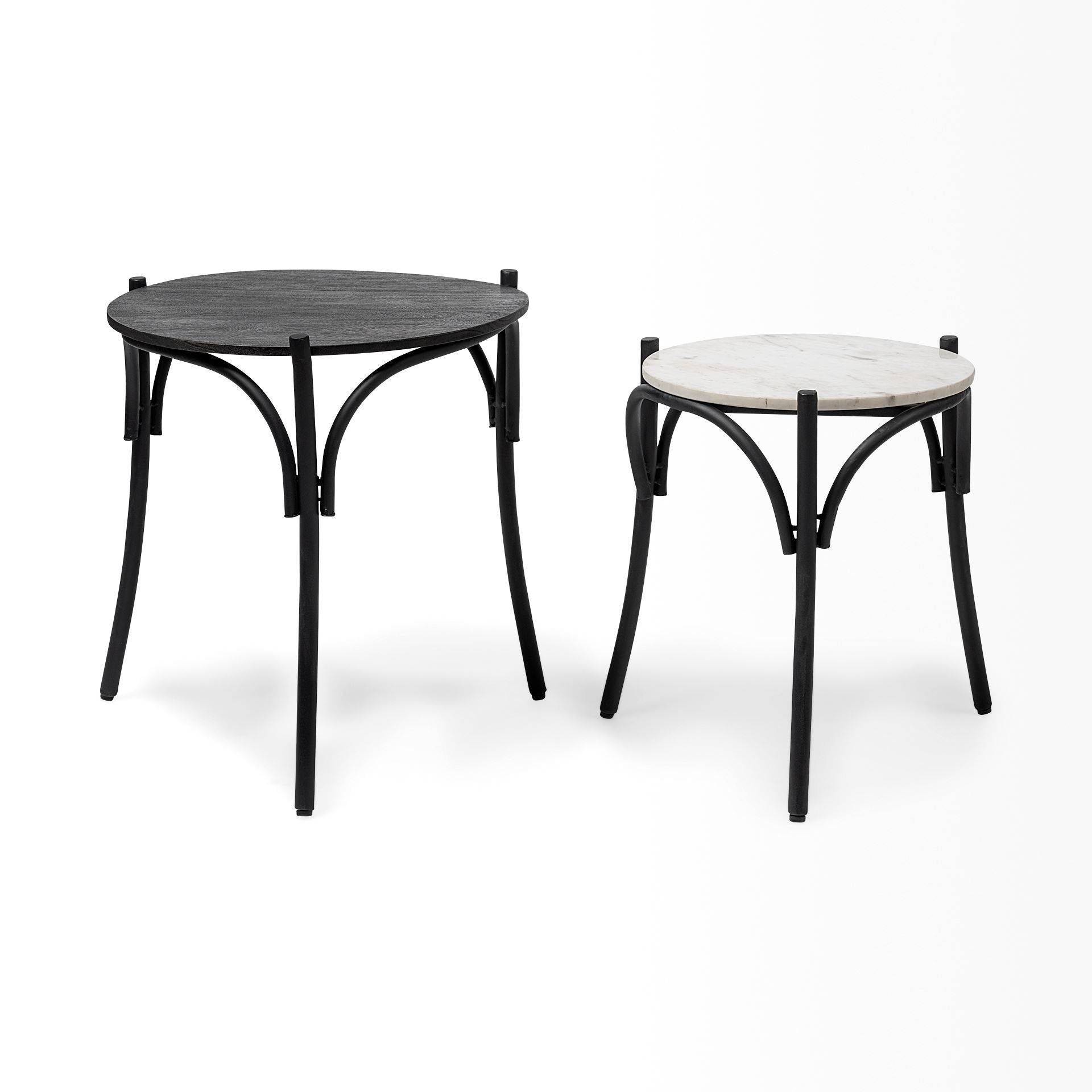 Etienne VII 24" Round Top Black Wood and Marble Top Nesting Table - Set of Two