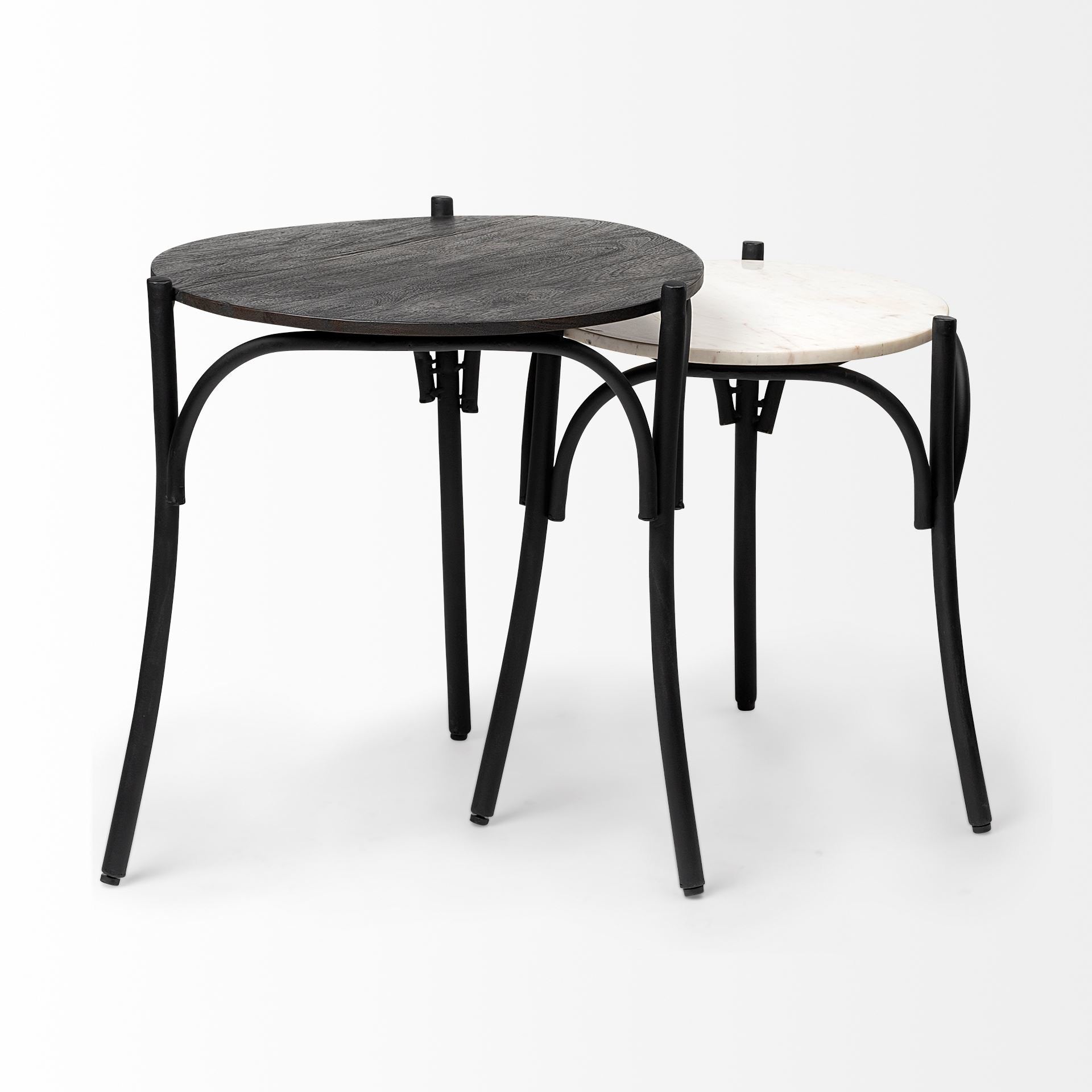 Etienne VII 24" Round Top Black Wood and Marble Top Nesting Table - Set of Two