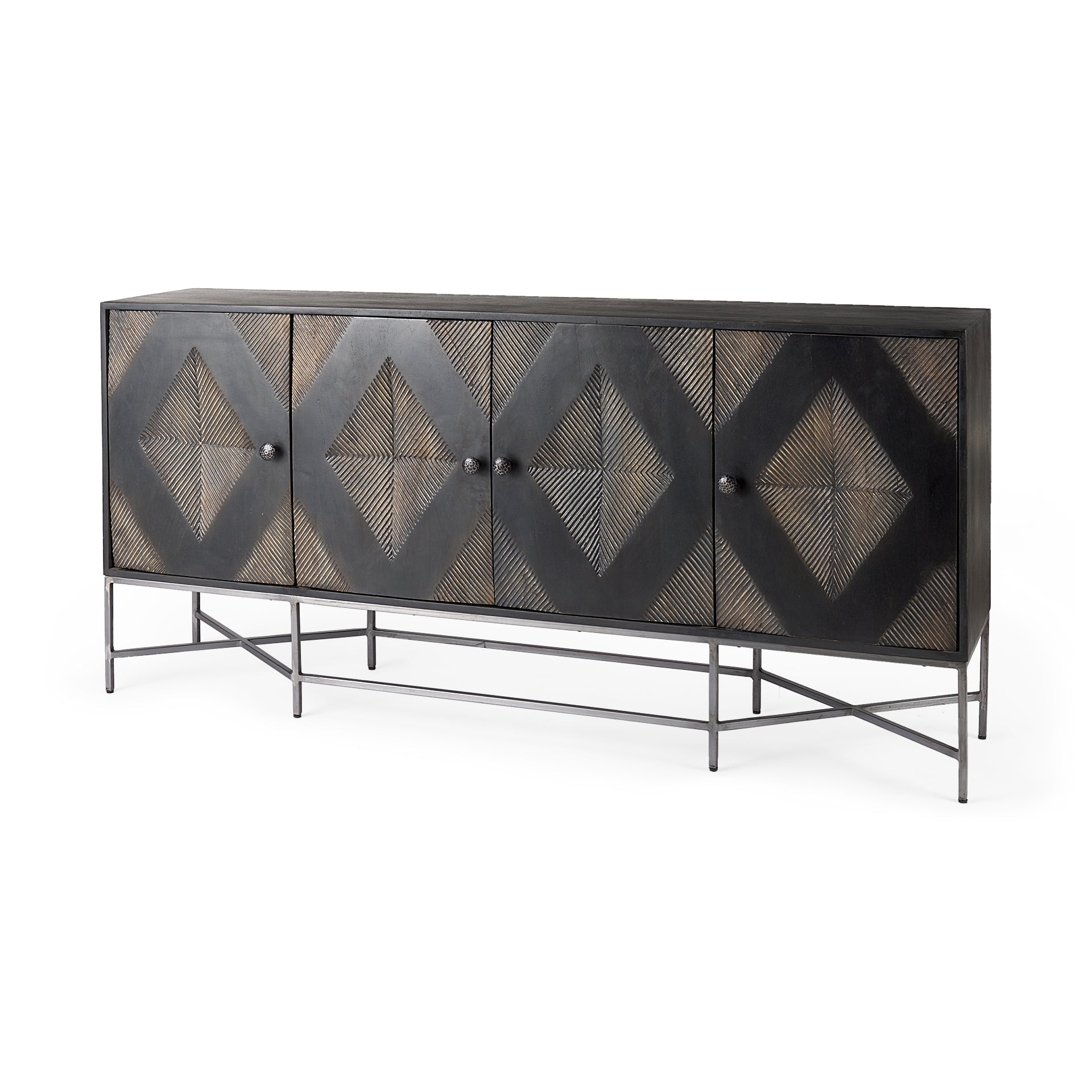 Hogarth I Two-Tone Brown Solid Wood Base Silver Frame 4 Cabinet Sideboard