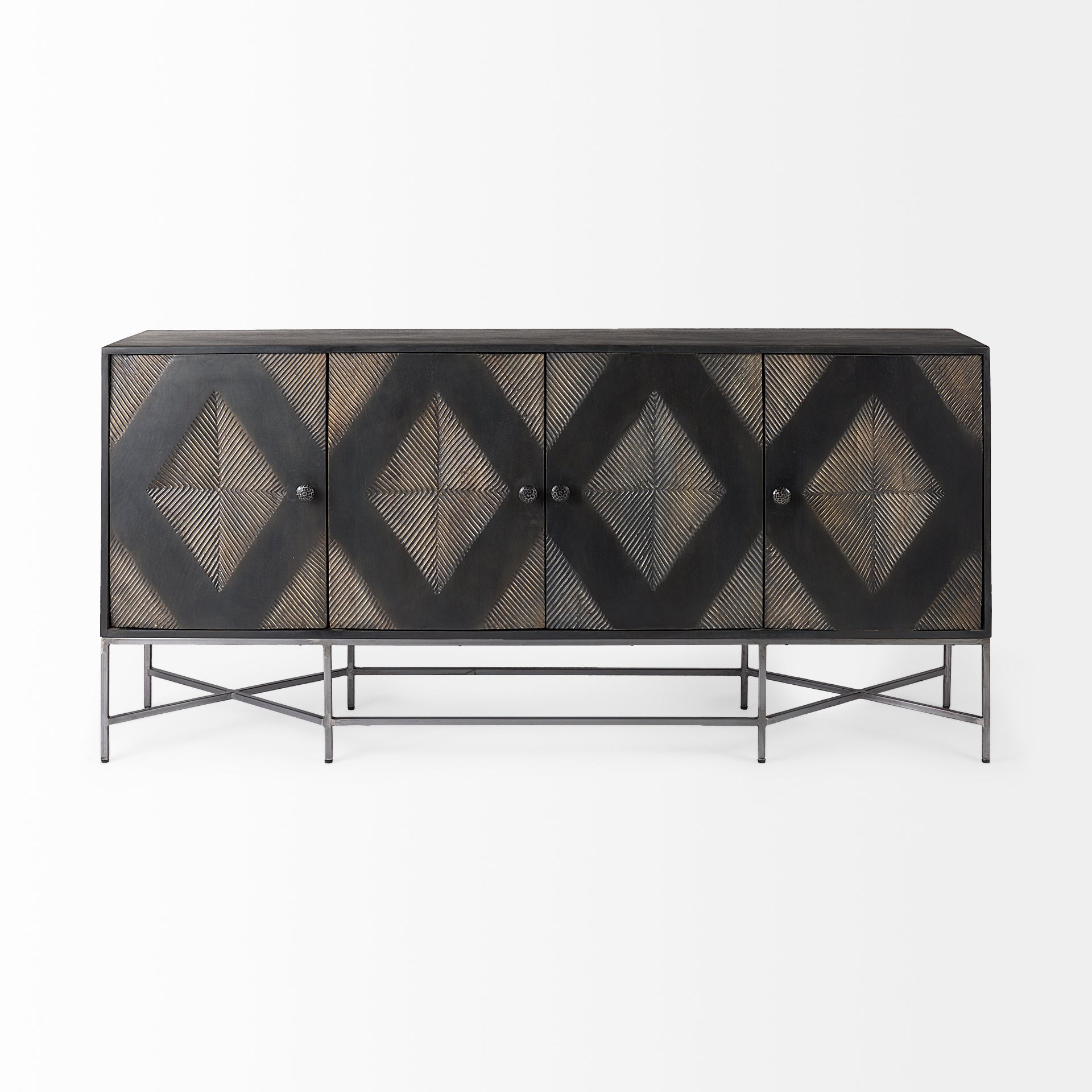 Hogarth I Two-Tone Brown Solid Wood Base Silver Frame 4 Cabinet Sideboard