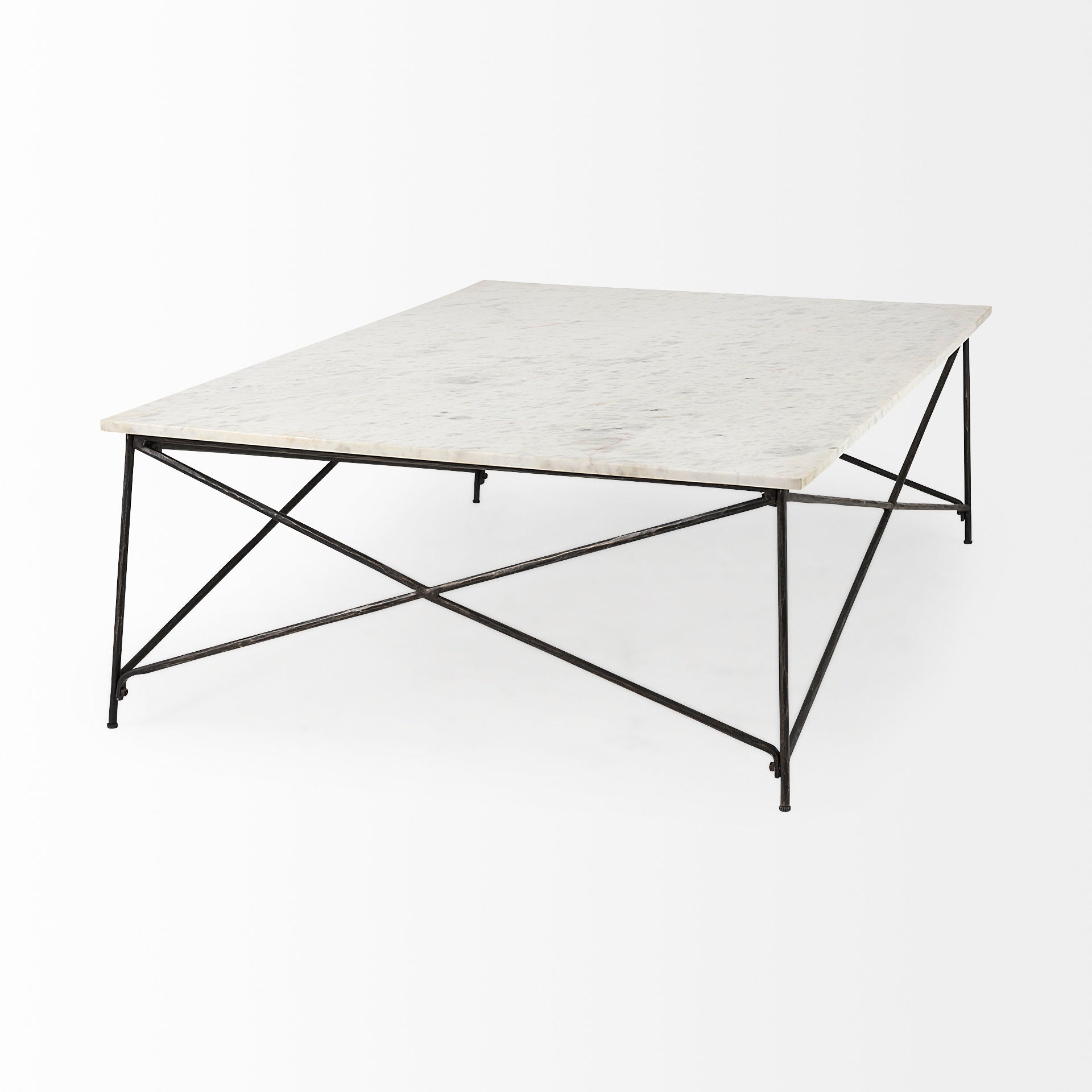 Lorlei I White Marble Top with X-Shaped Gray Iron Base Coffee Table
