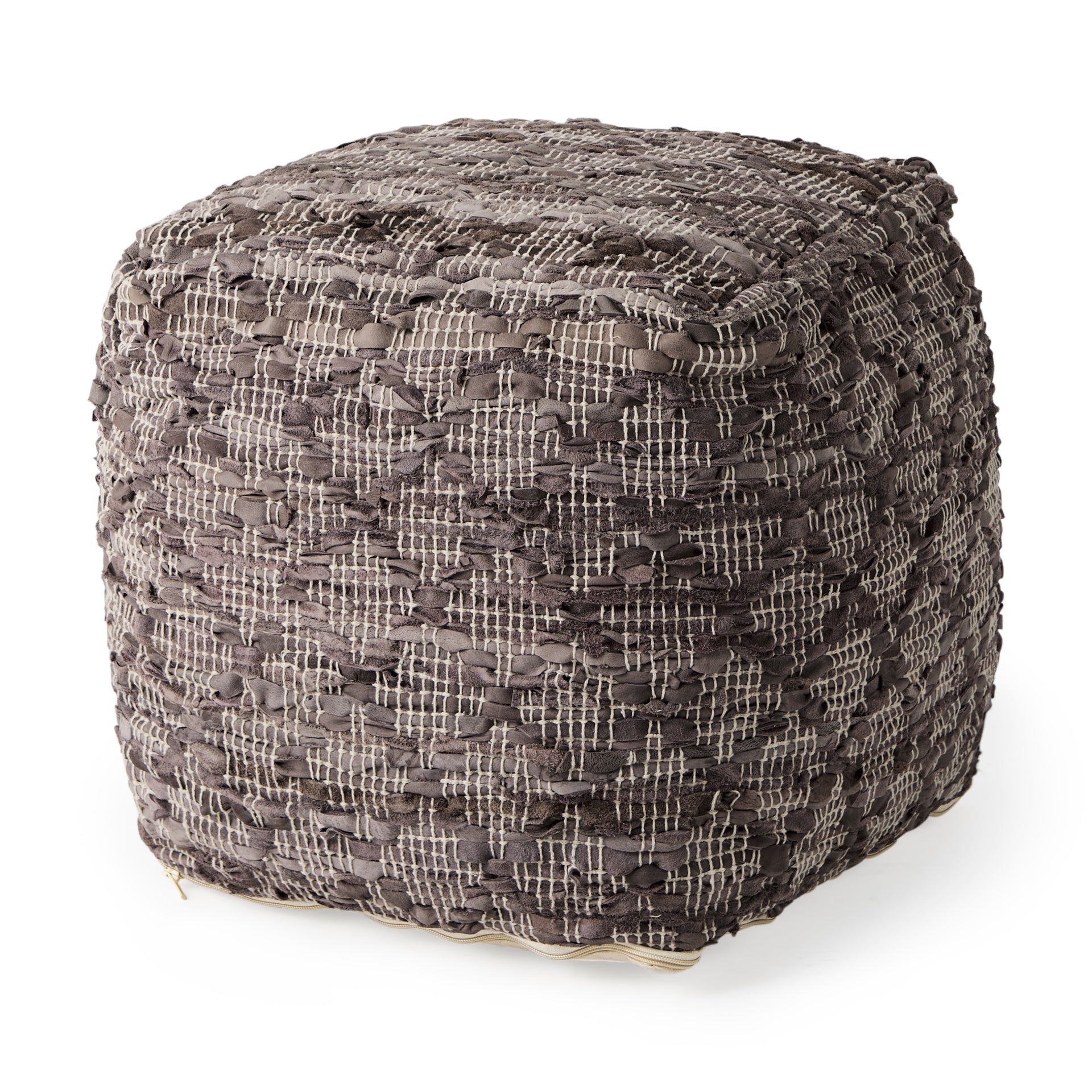 Falguni Gray Leather and Cotton Patterned Pouf