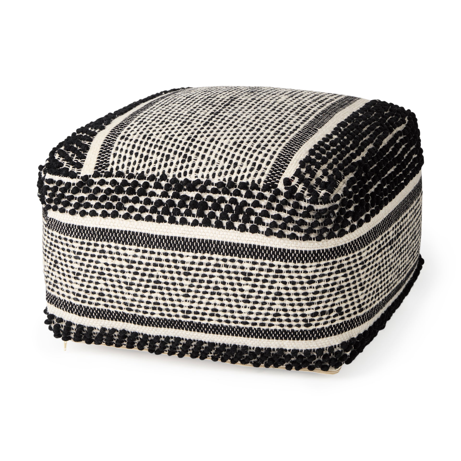 Garima Black/White Wool and Cotton Patterned Pouf