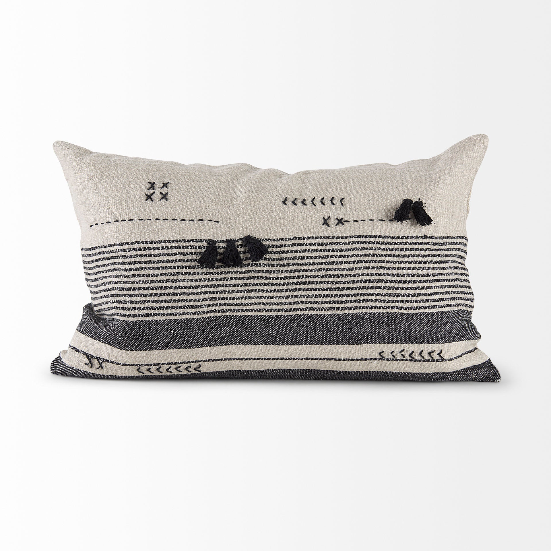 Thalia Black and Beige Fabric Striped and Fringed Decorative Pillow Cover