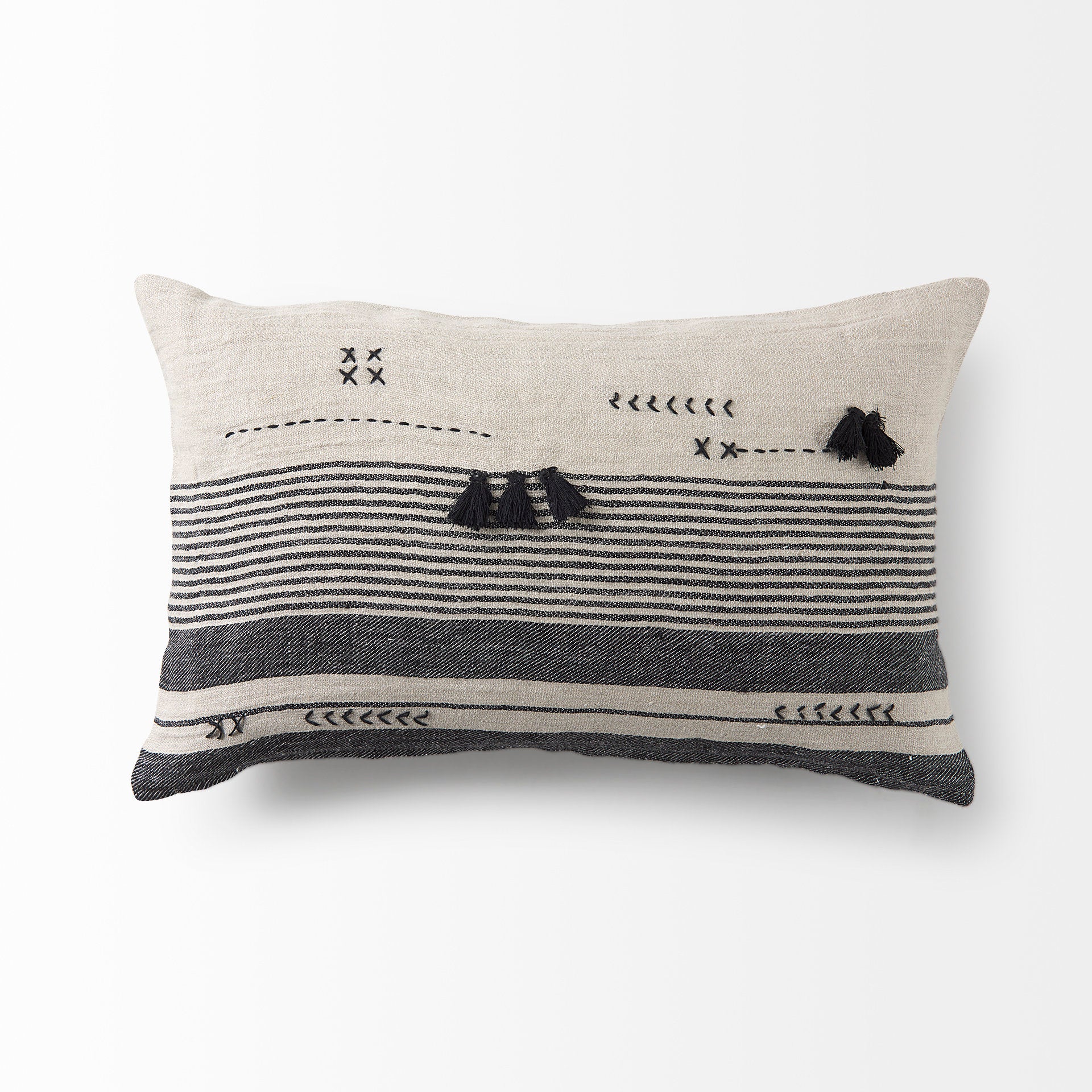 Thalia Black and Beige Fabric Striped and Fringed Decorative Pillow Cover