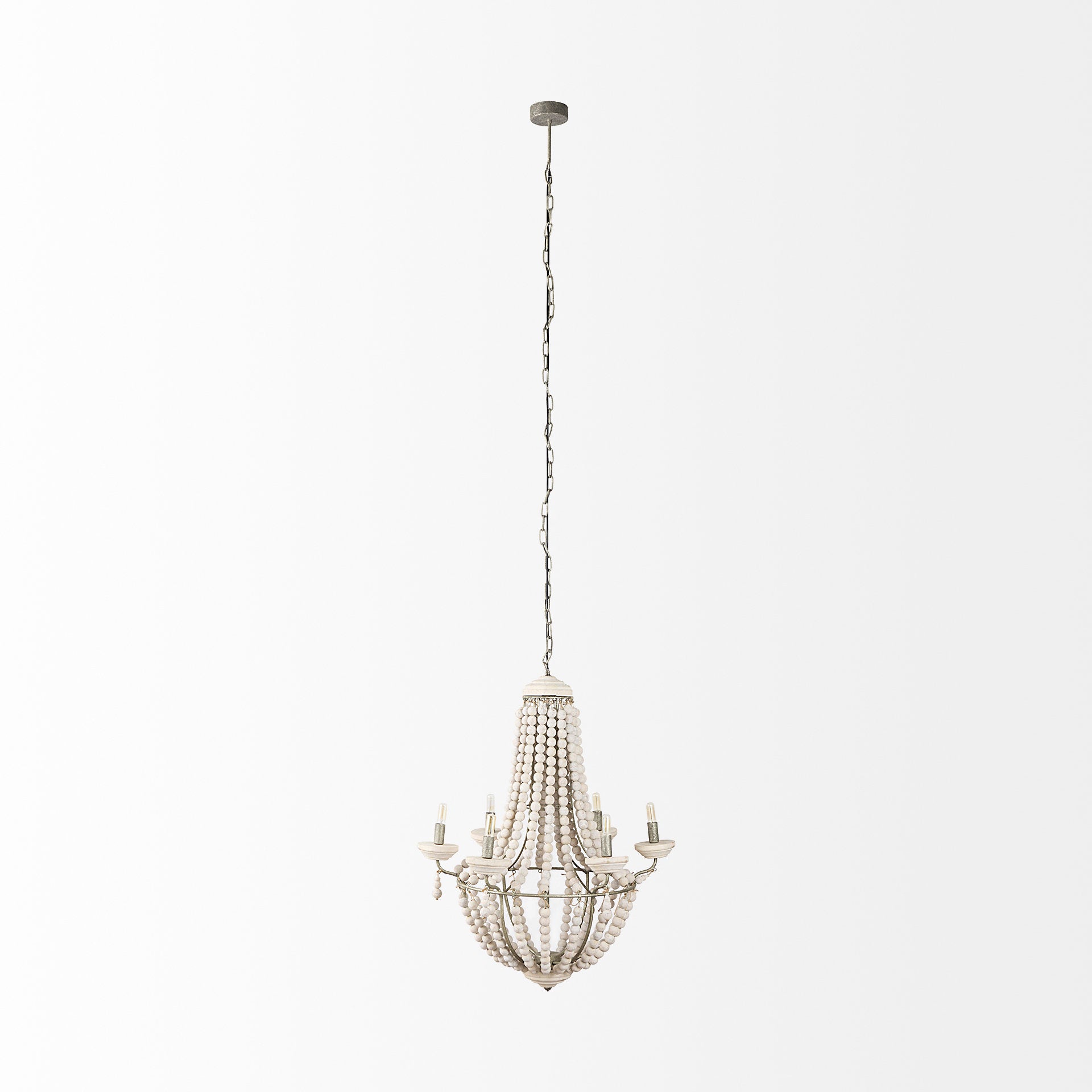 Phillum Silver Metal Chassis and White Wood Beaded Six Bulb Chandelier