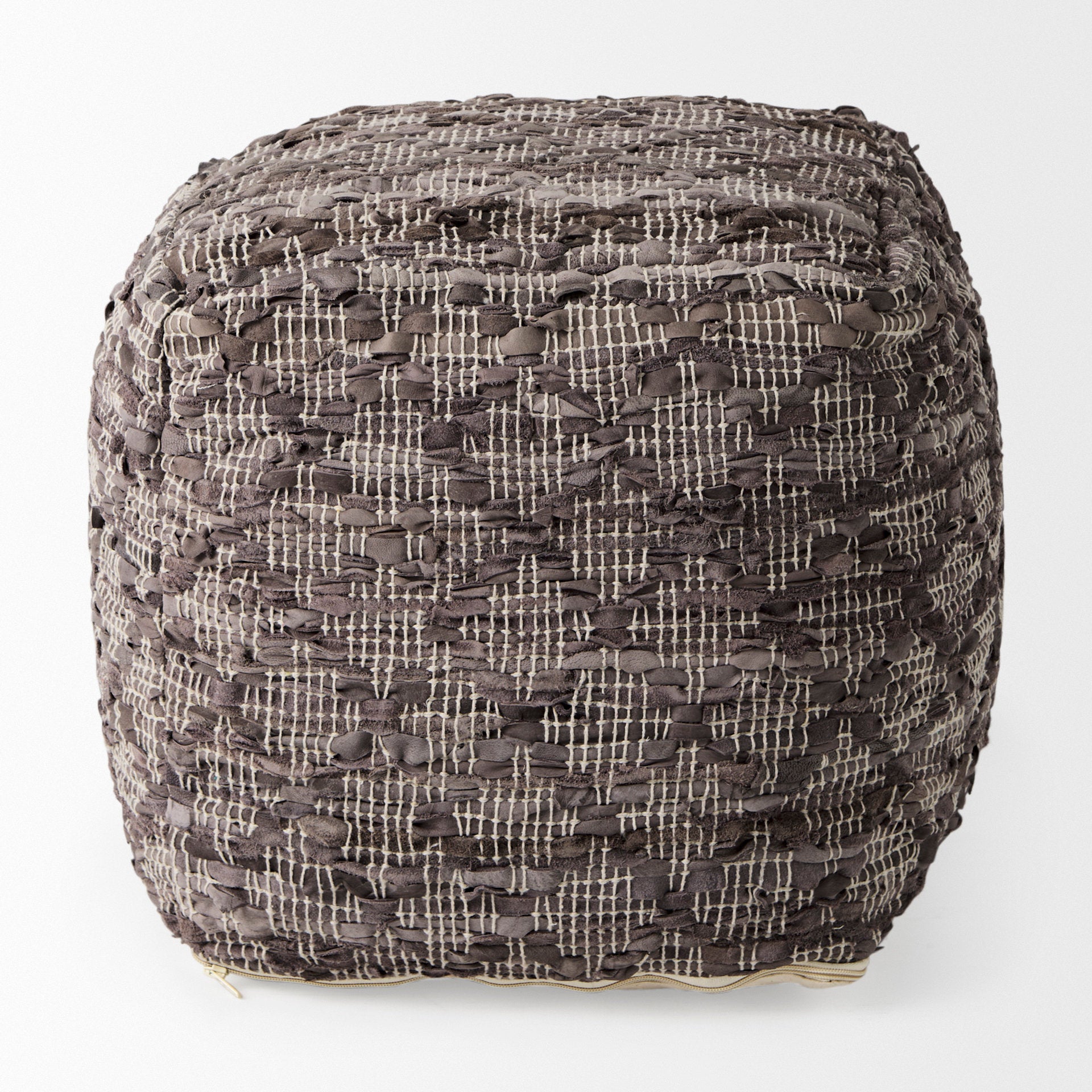 Falguni Gray Leather and Cotton Patterned Pouf