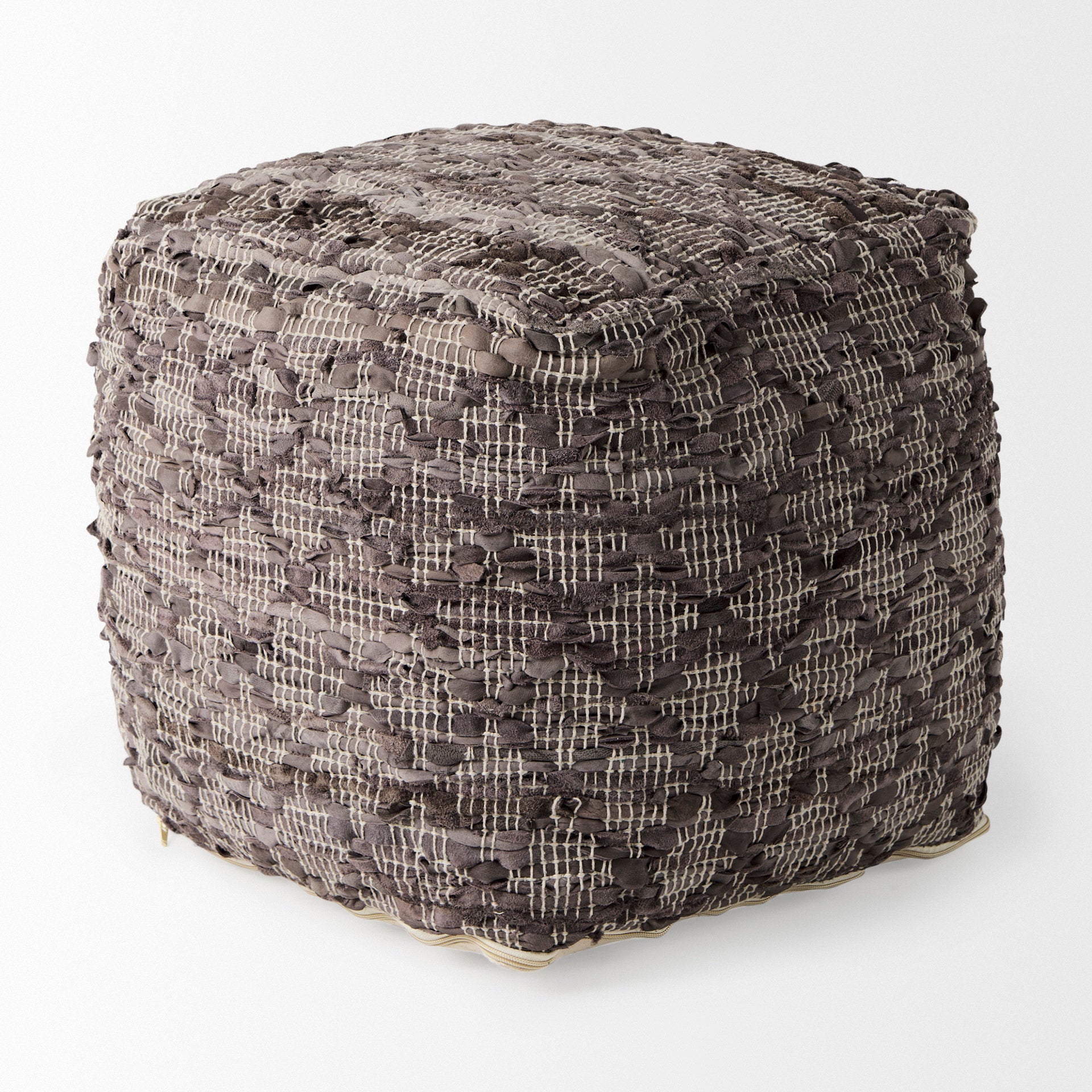 Falguni Gray Leather and Cotton Patterned Pouf