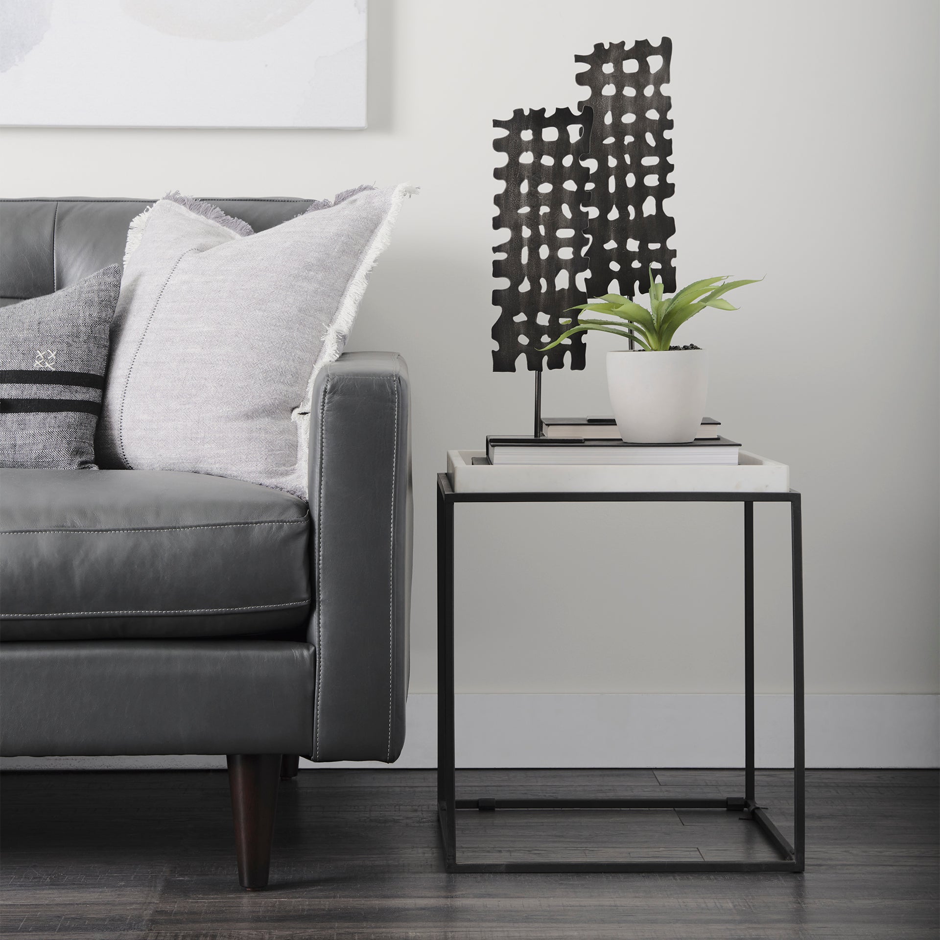 Nathan II Square Top White Marble and Black Metal End/Side Table
