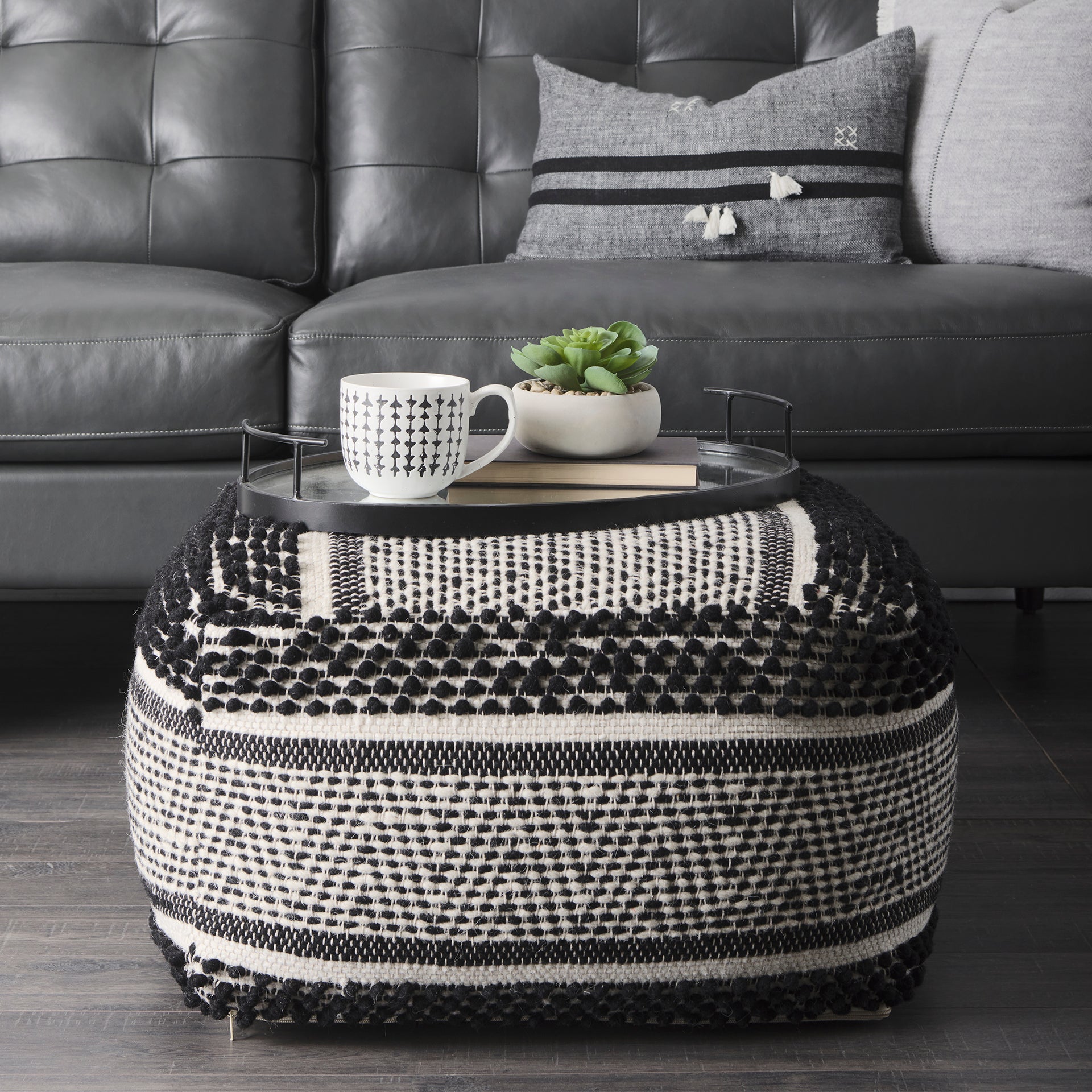 Garima Black/White Wool and Cotton Patterned Pouf