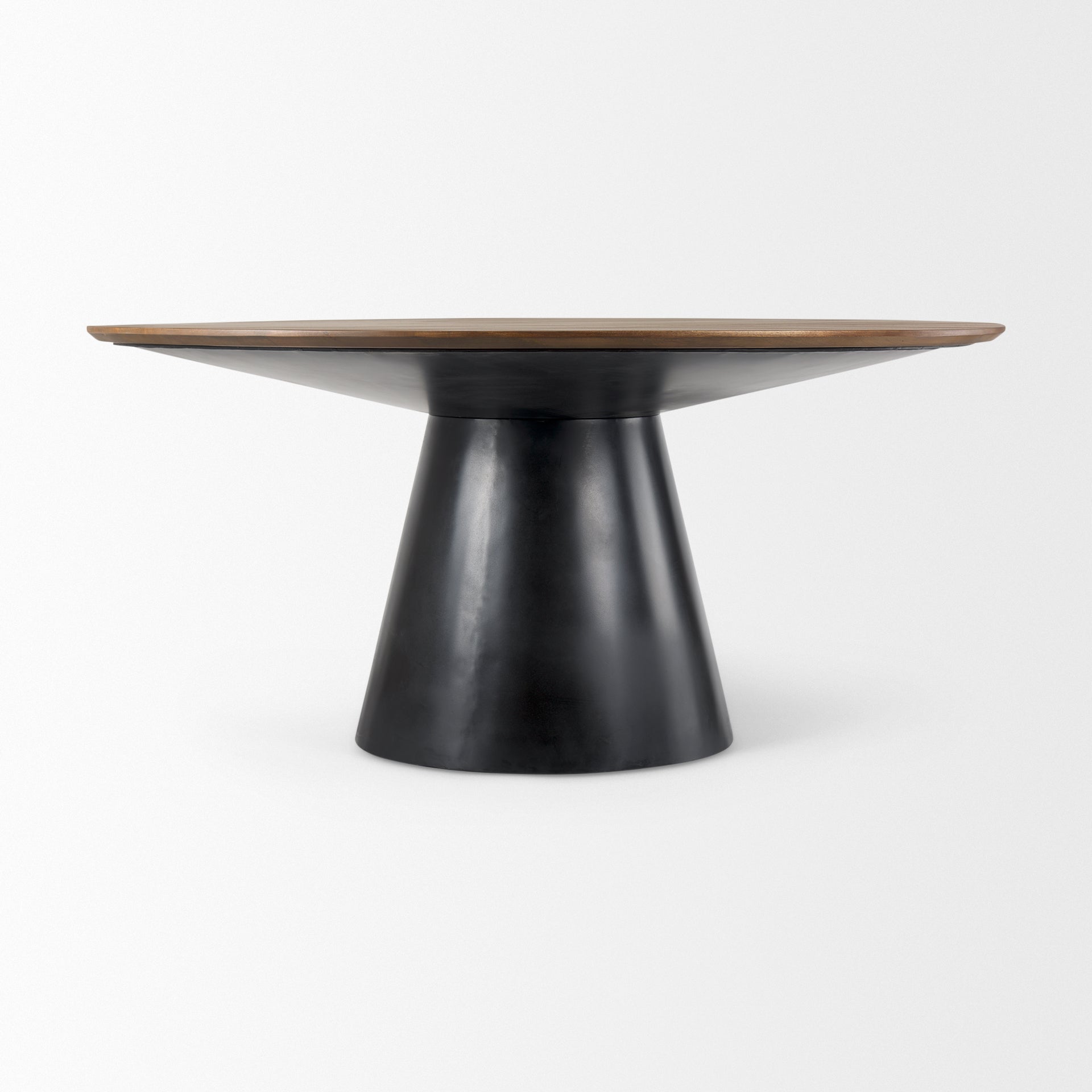 Mitchell Black Metal Pedestal Base with Brown Wood Top Dining Table