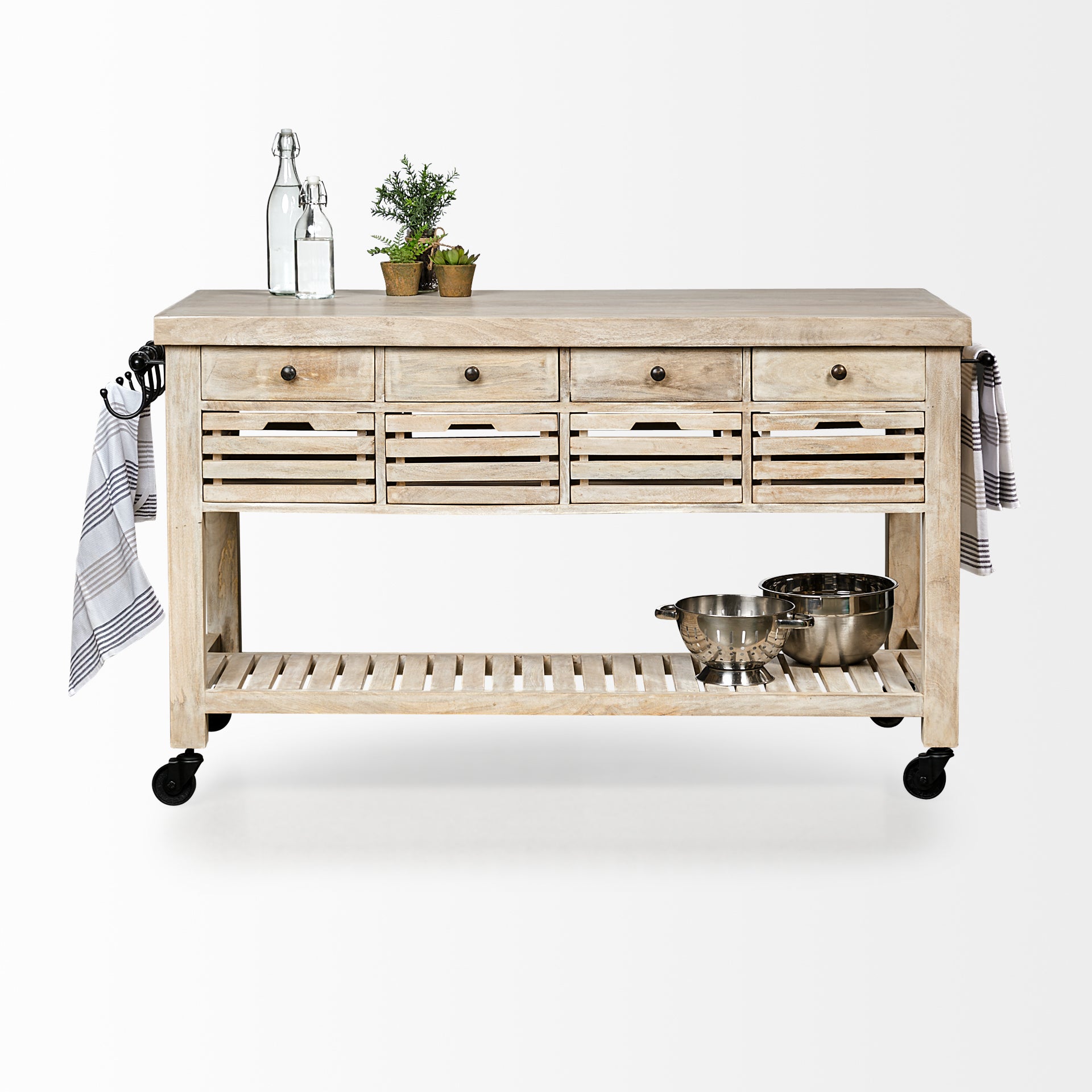 Columbia I Light Brown Body with Black Iron Knobs Rolling Kitchen Island