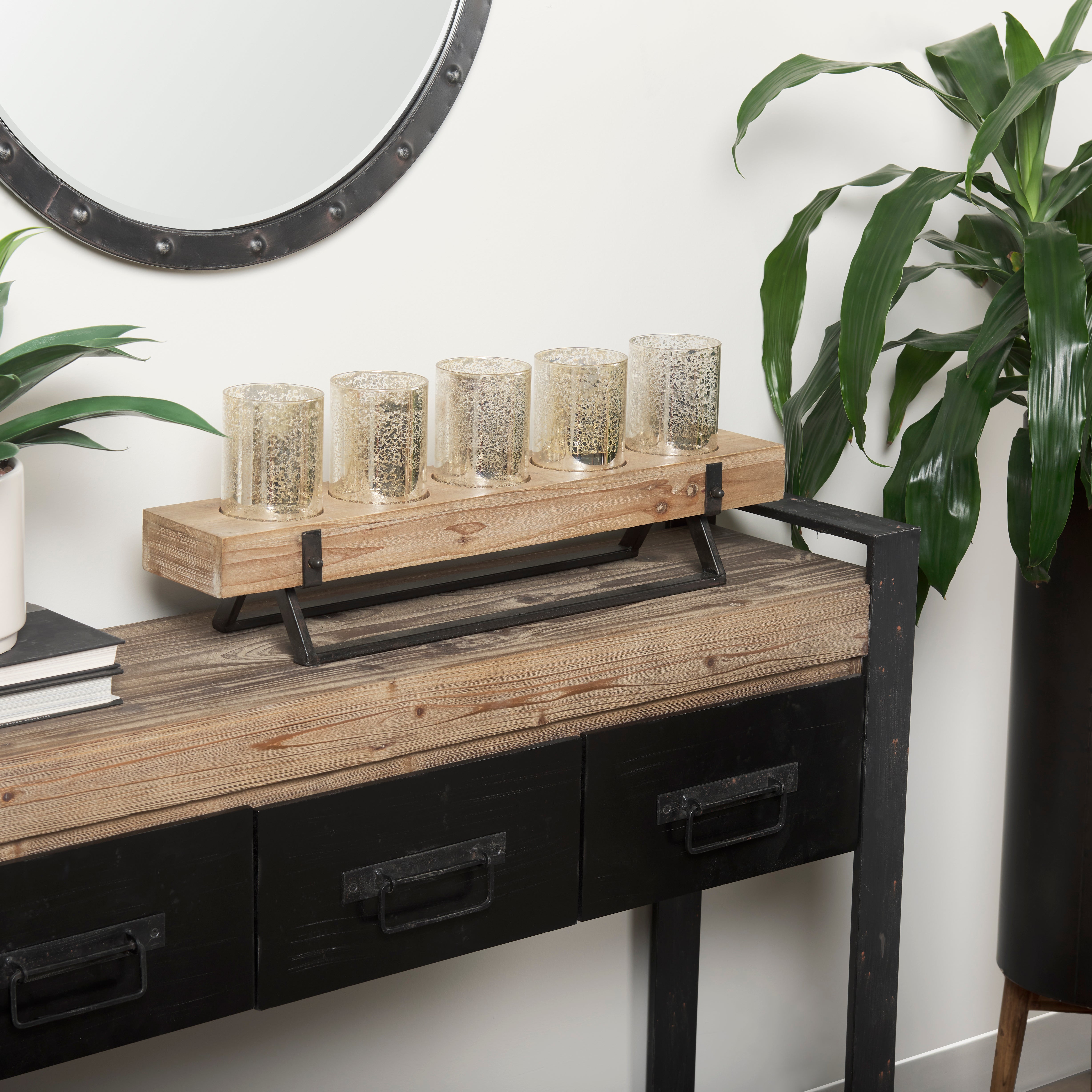 Benk Wood and Black Metal Five Cup Candle Holder