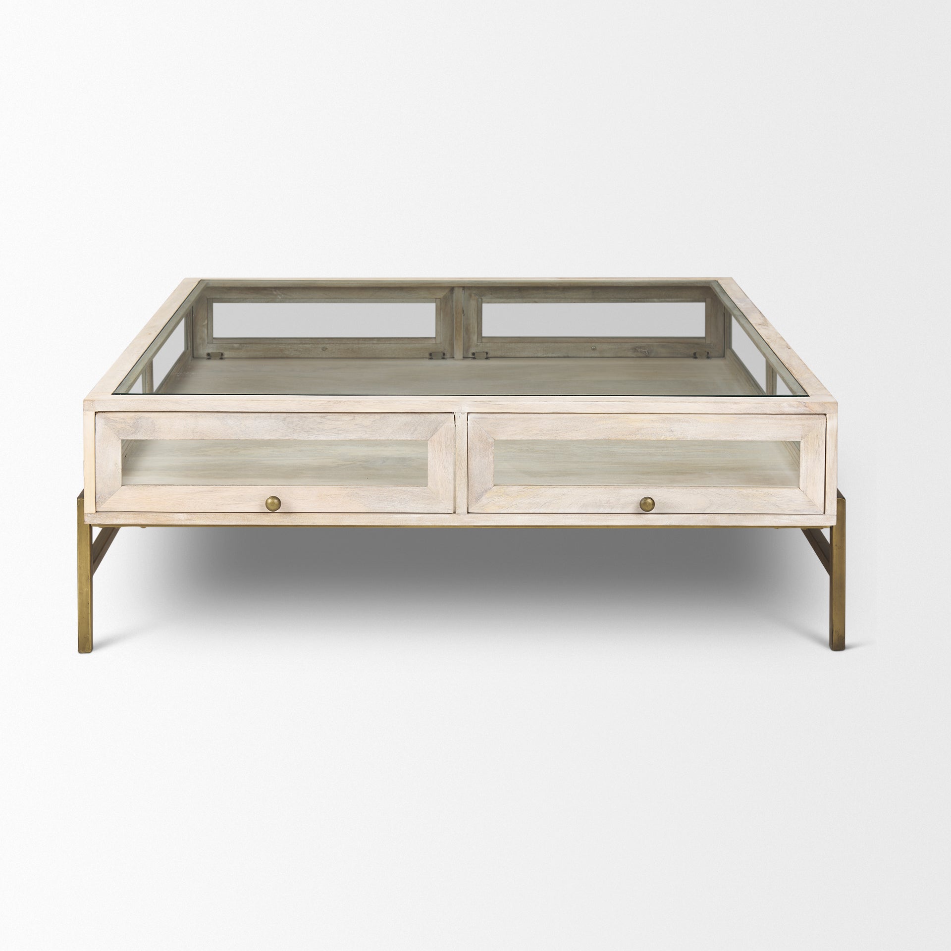 Arelius 42" Square Glass-Top with Metal Base Display Coffee Table