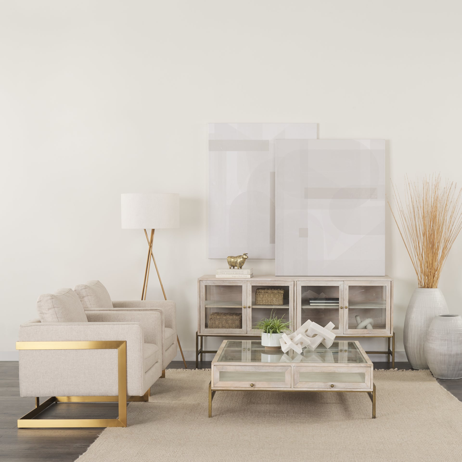 Arelius White Wood with Gold Metal Base 4 Door Glass Cabinet Sideboard