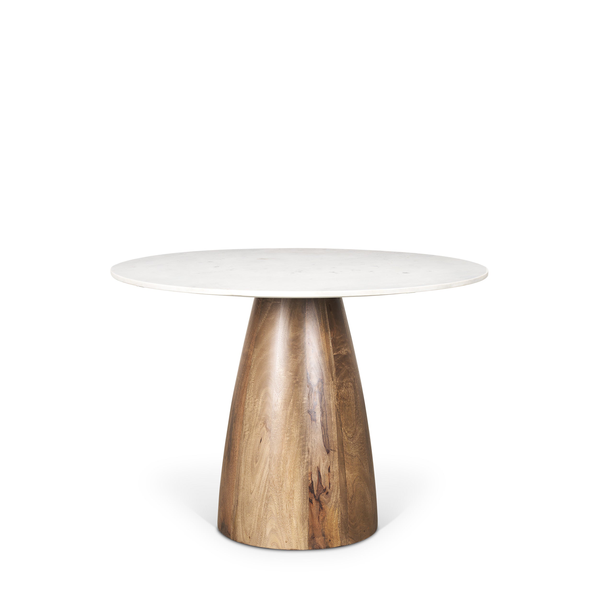 Allyson Round Brown Wood Pedestal with Banswara White Marble Top Dining Table
