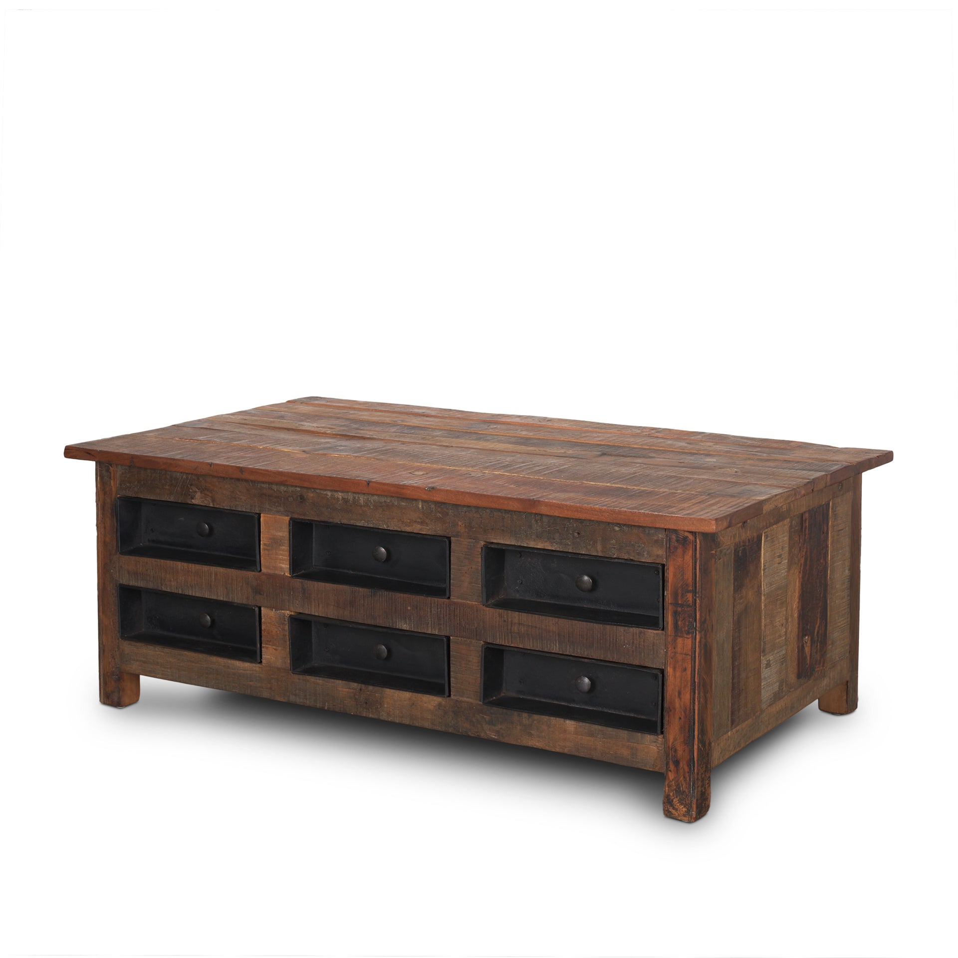 Wilton Brown Wood with 12 Black Metal Drawers Coffee Table