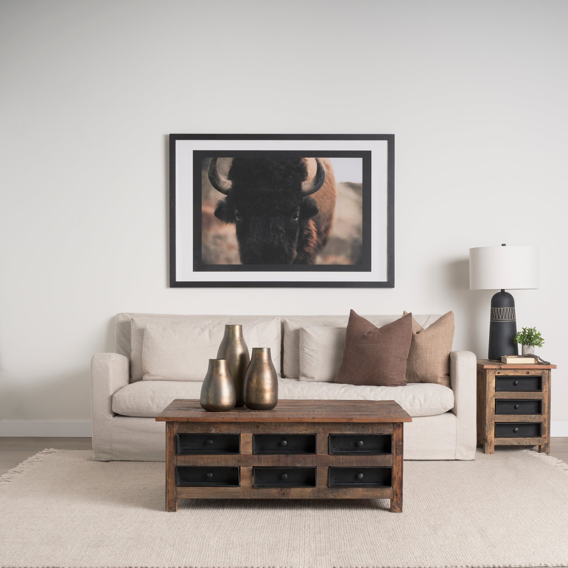 Wilton Brown Wood with 12 Black Metal Drawers Coffee Table