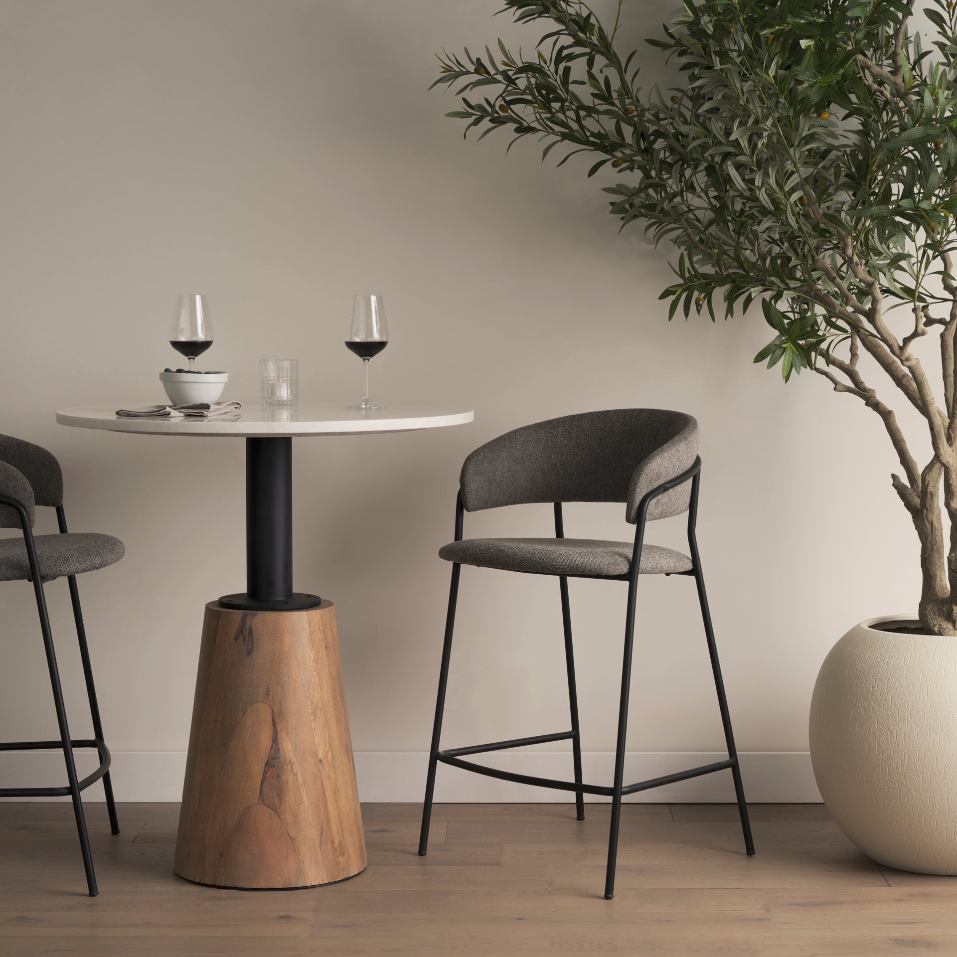 Carolyn Counter Stool with Gray Fabric & Matte Black Metal