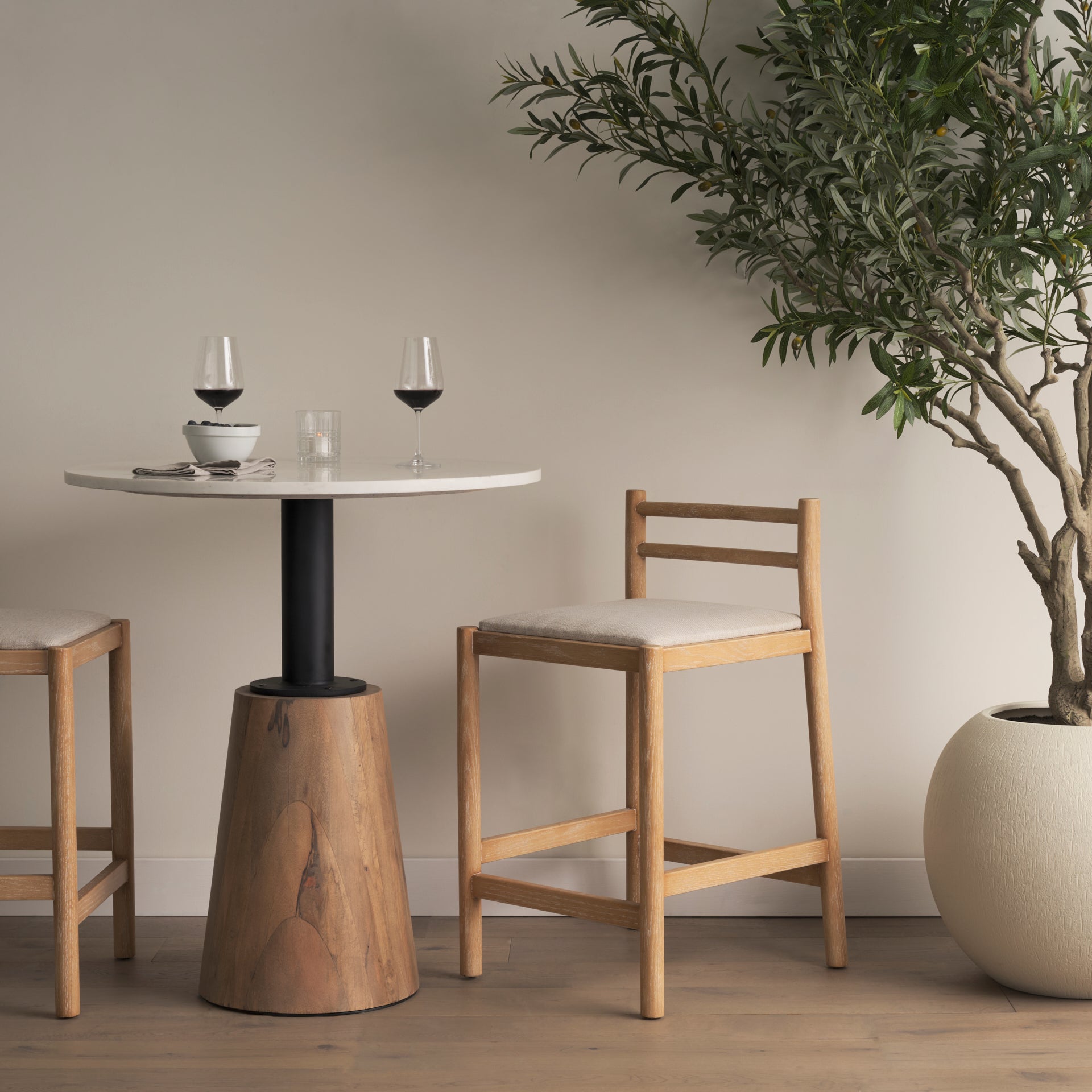 Sam Counter Stool with Light Brown Wood Frame and Beige Upholstered Seat