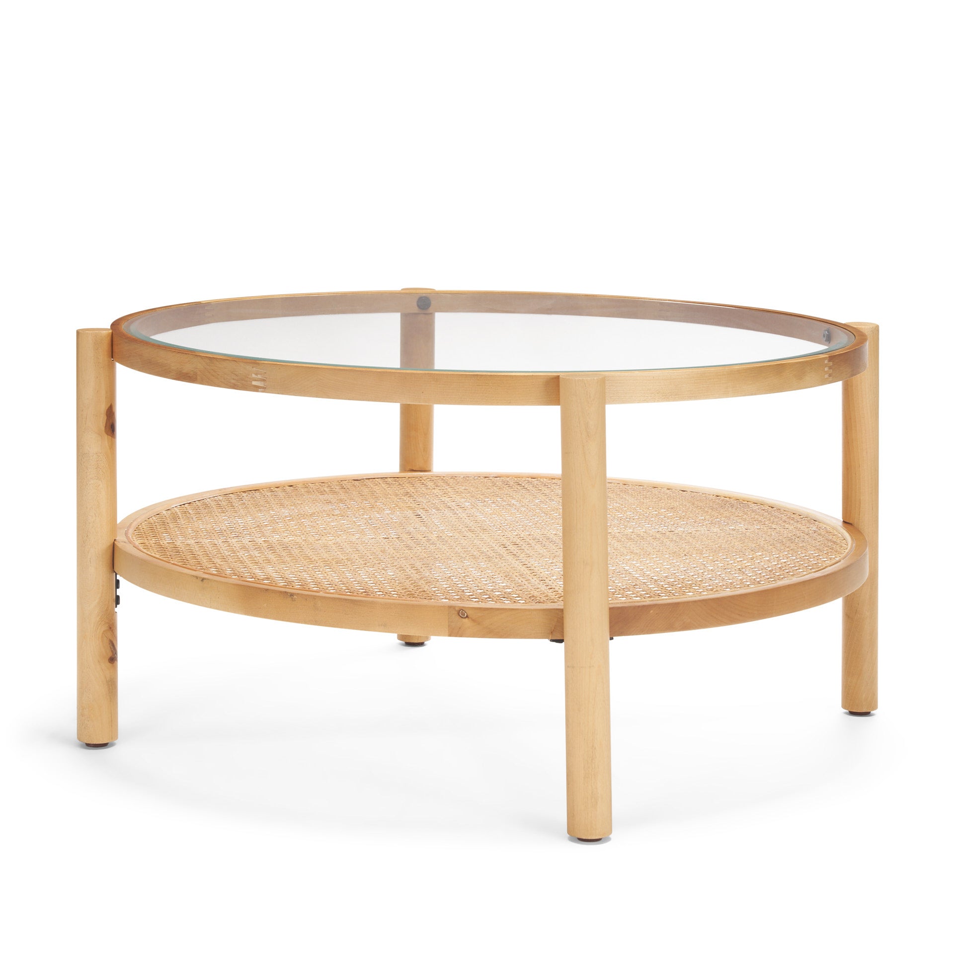 Weslyn Solid Light Brown Wood and Glass Top with Cane Coffee Table