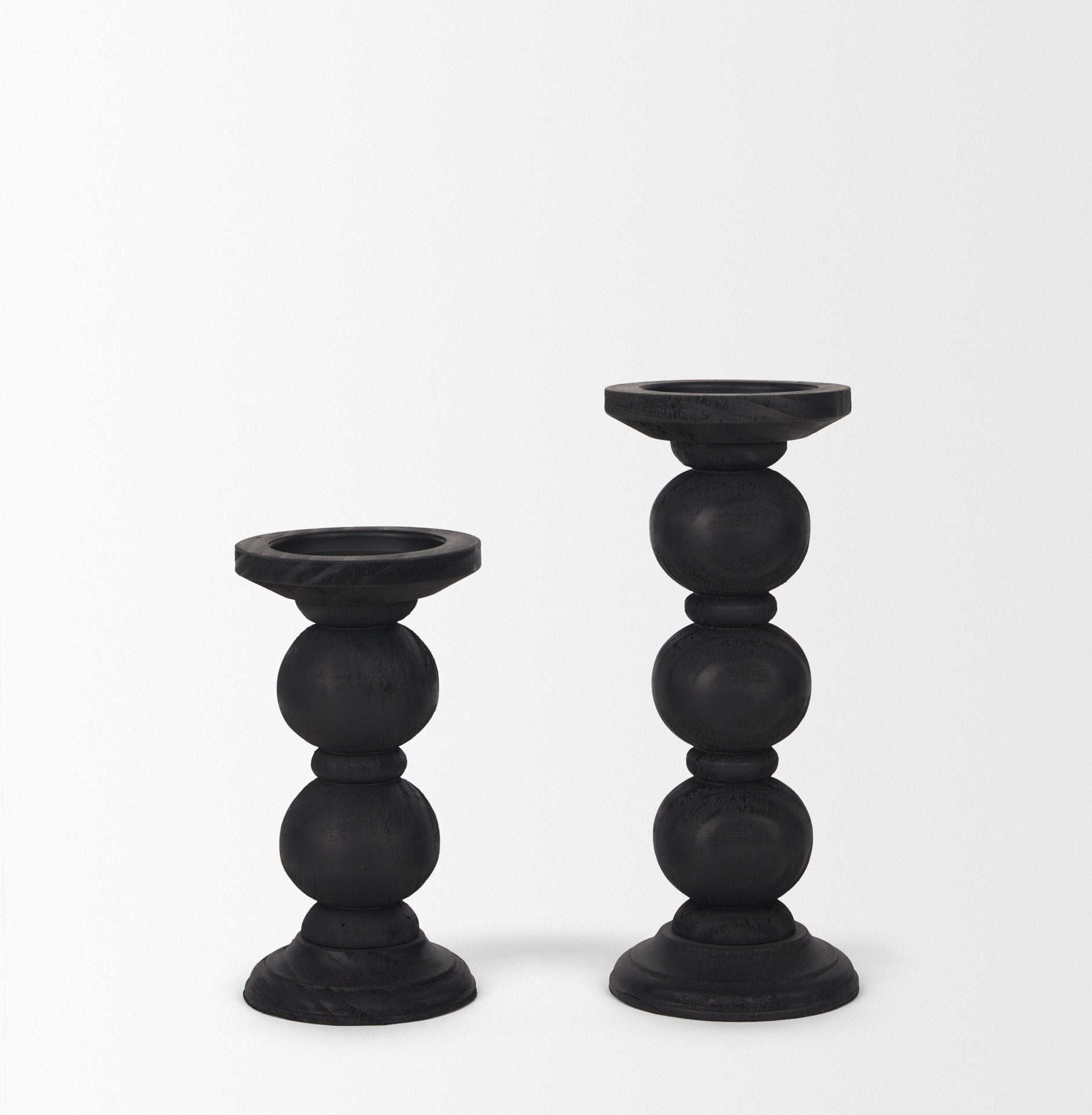 Wanda Matte Black Wood Pillar Candle Holders - Set of 2