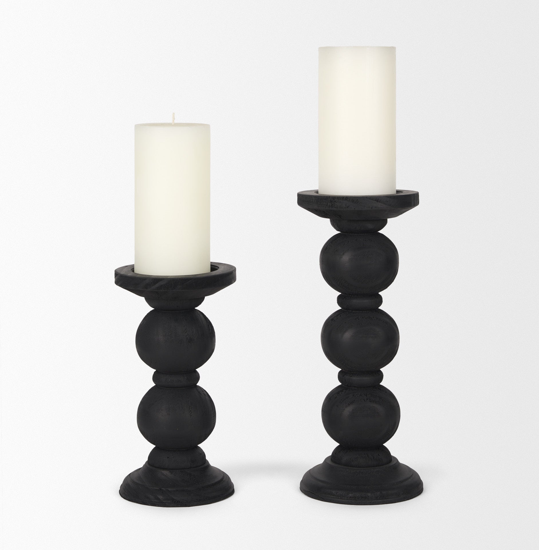 Wanda Matte Black Wood Pillar Candle Holders - Set of 2