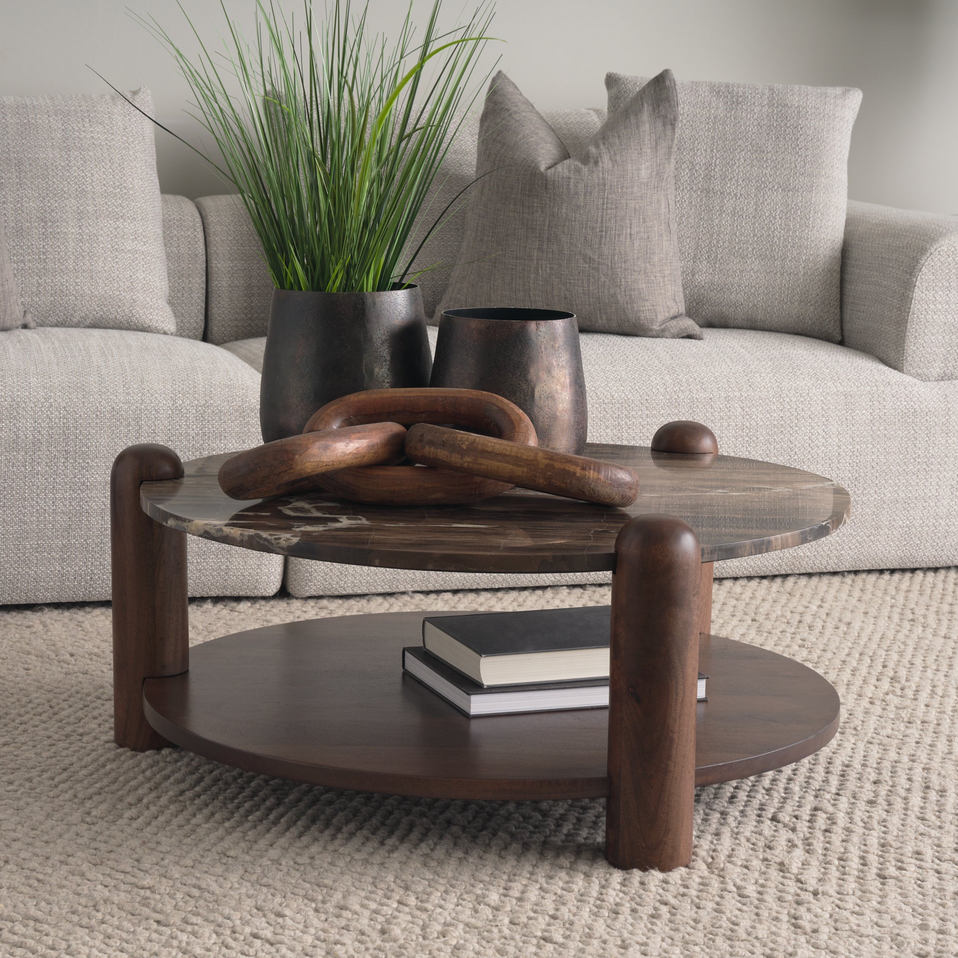 Jovia Brown Mango Wood with Cappuccino Marble Round Coffee Table