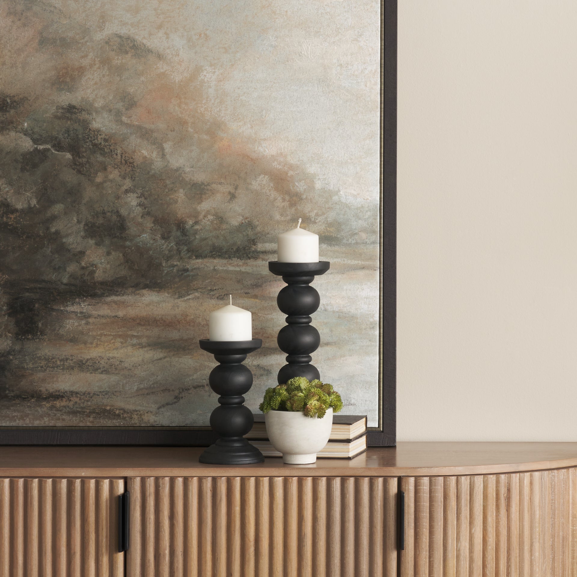 Wanda Matte Black Wood Pillar Candle Holders - Set of 2