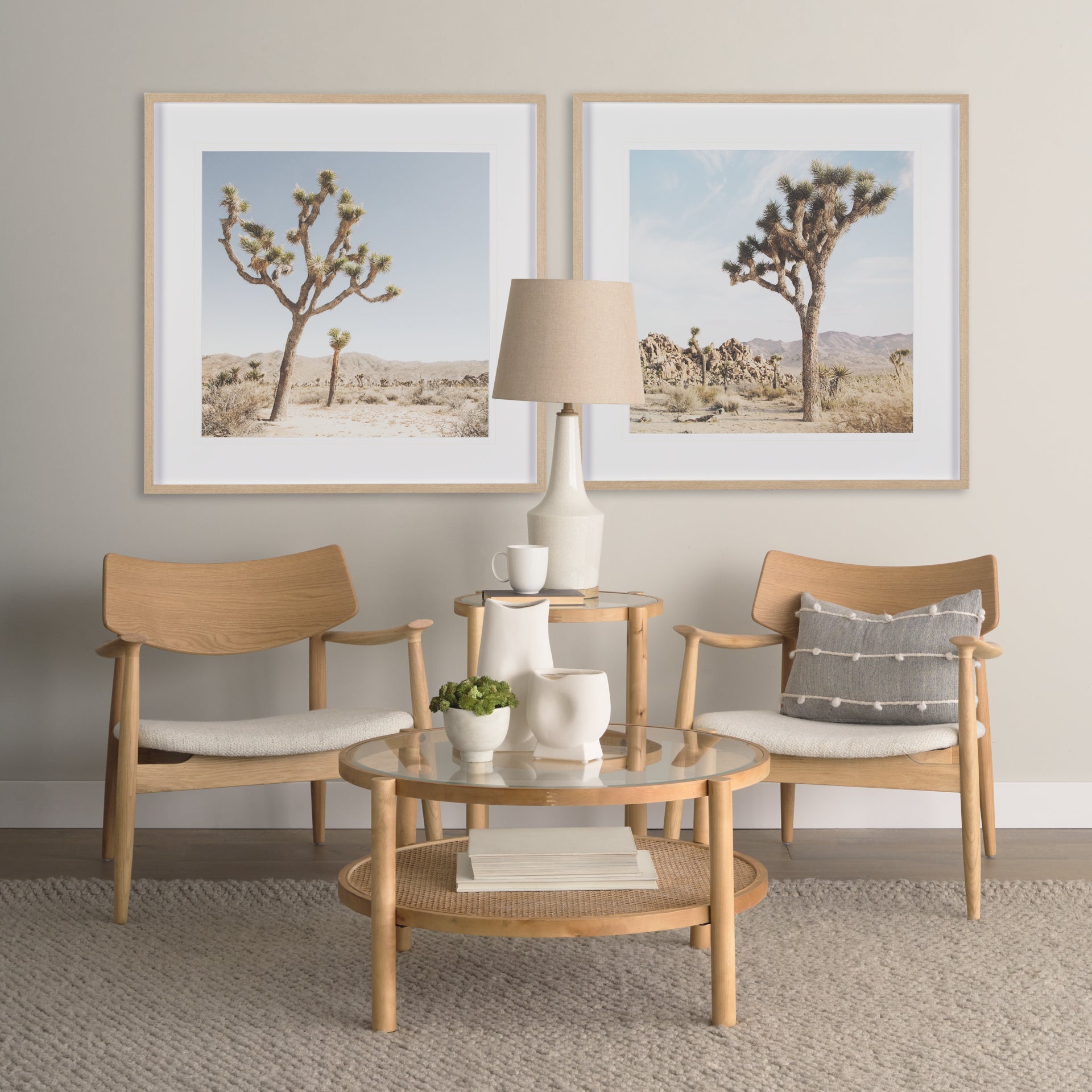Weslyn Solid Light Brown Wood and Glass Top with Cane Coffee Table