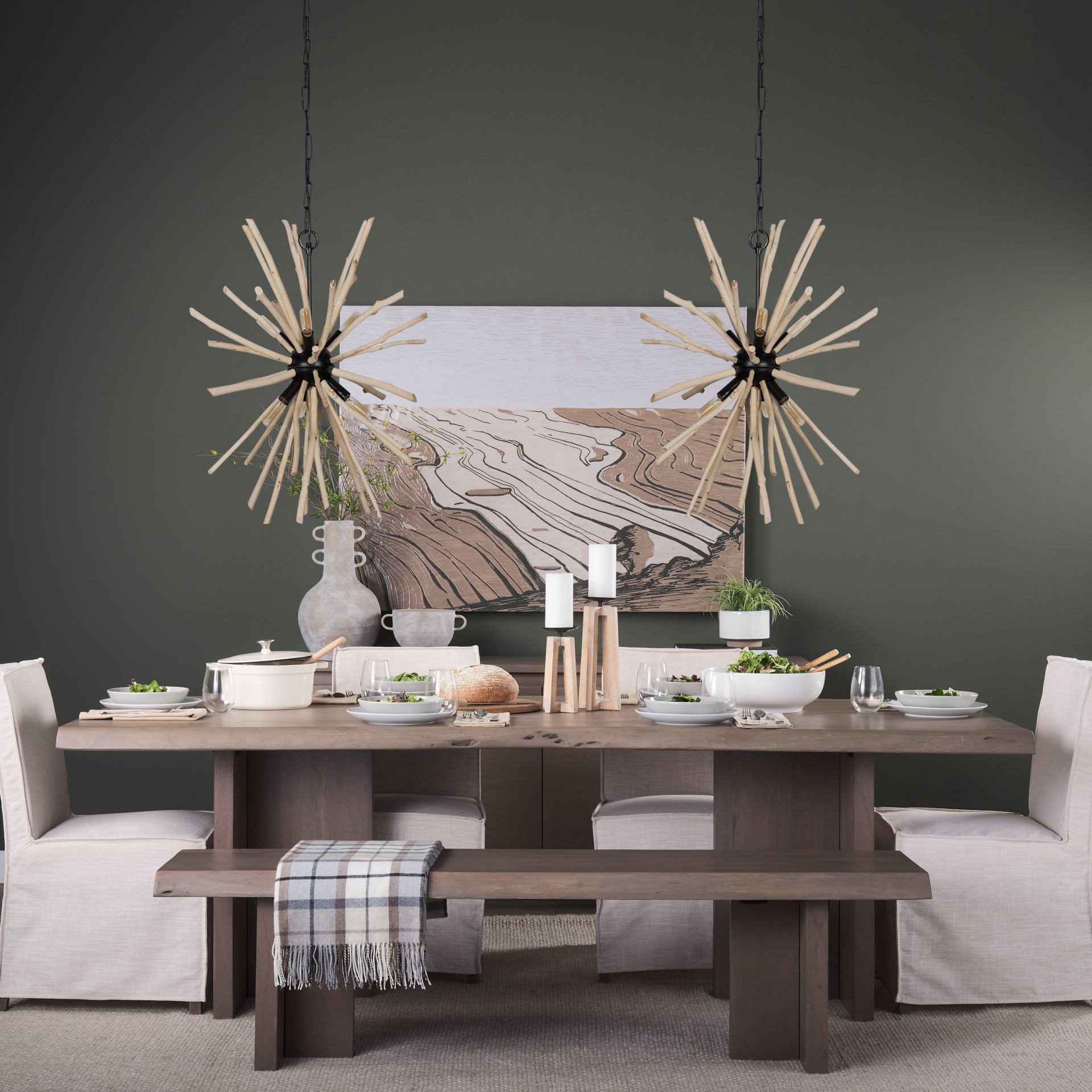 Jules Blonde Wood and Black Metal Six Bulb Chandelier Light