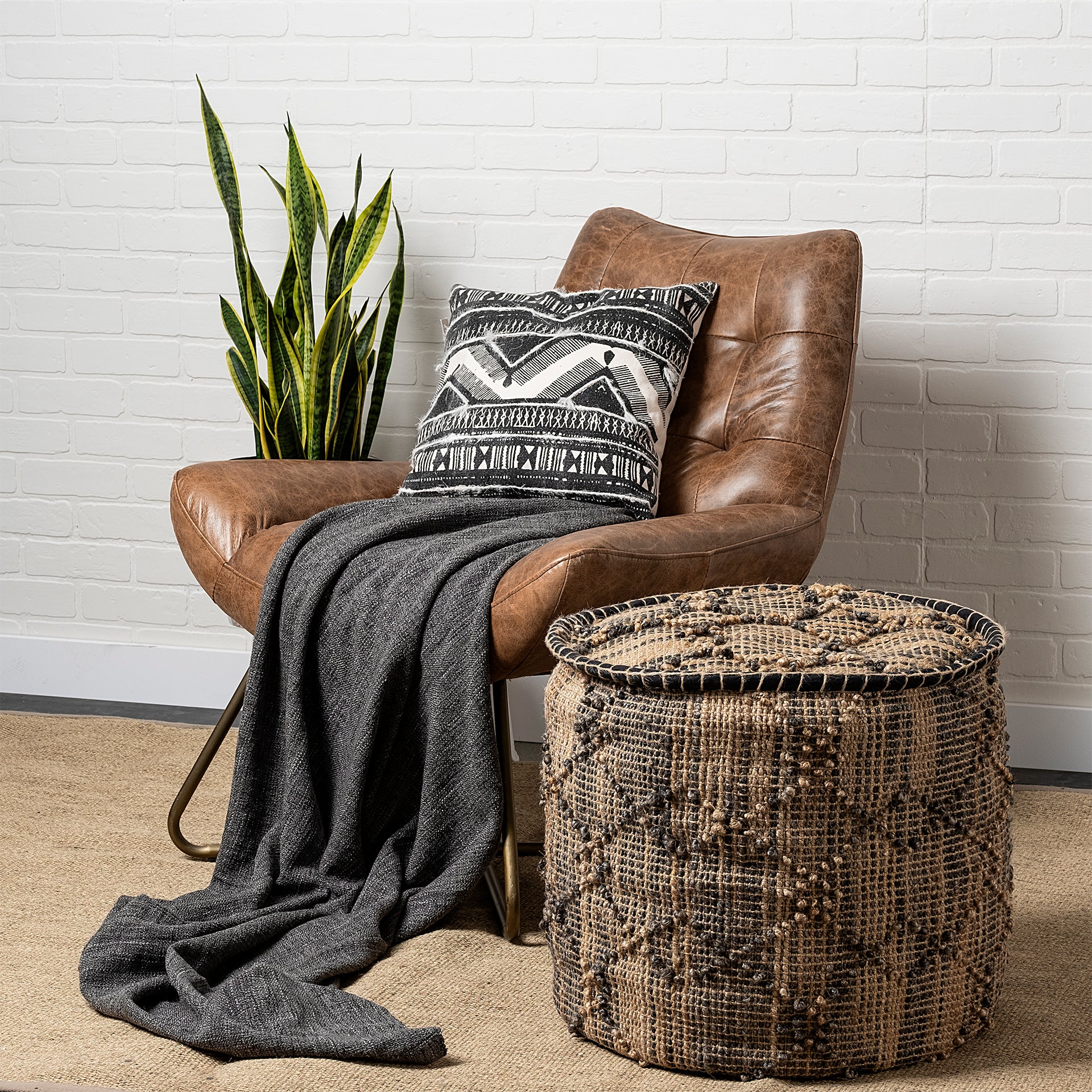 Riley Tan Jute Popcorn Stich Cylindrical Pouf